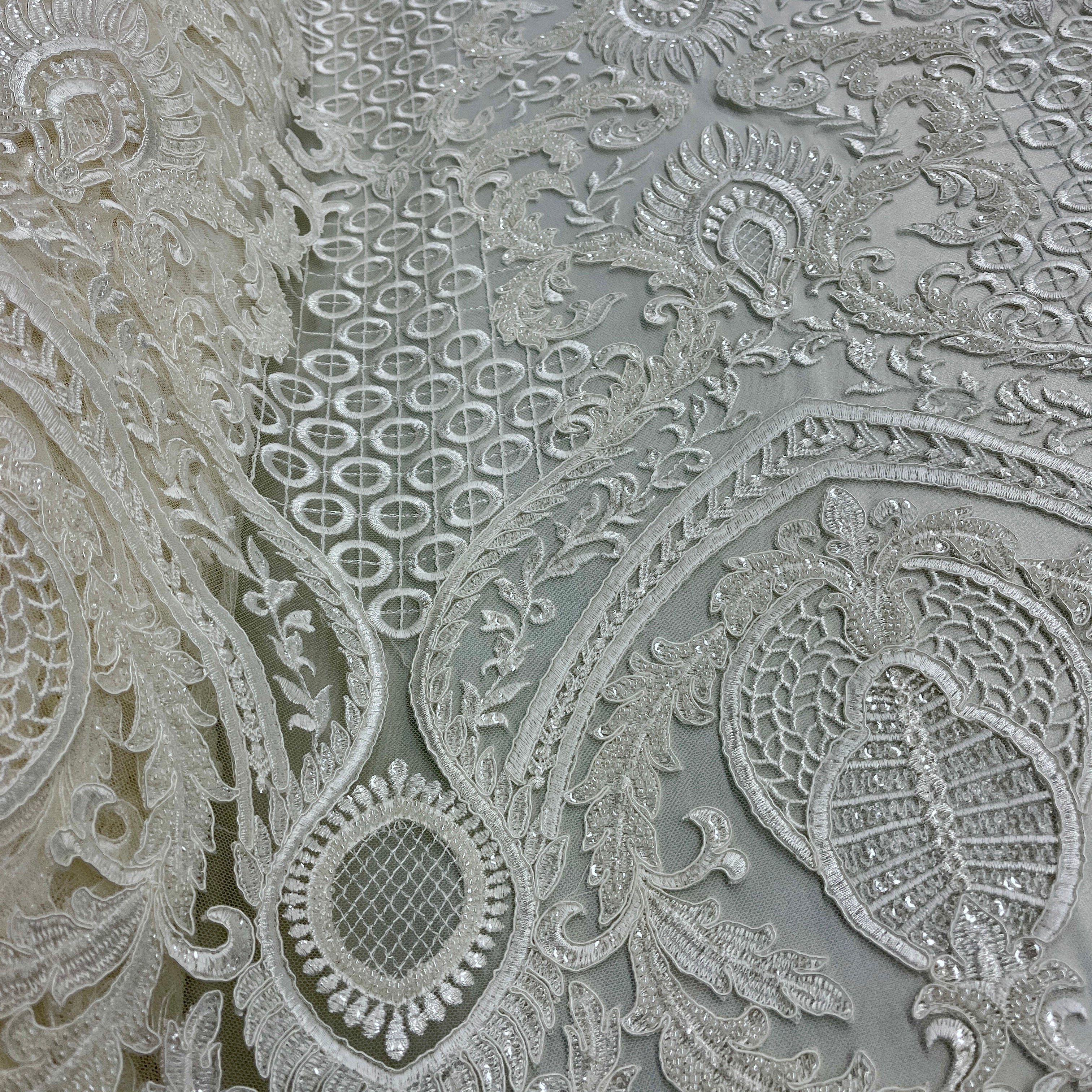 Beaded & Corded Bridal Lace Fabric Embroidered on 100% Polyester Net Mesh | Spandex Palace
