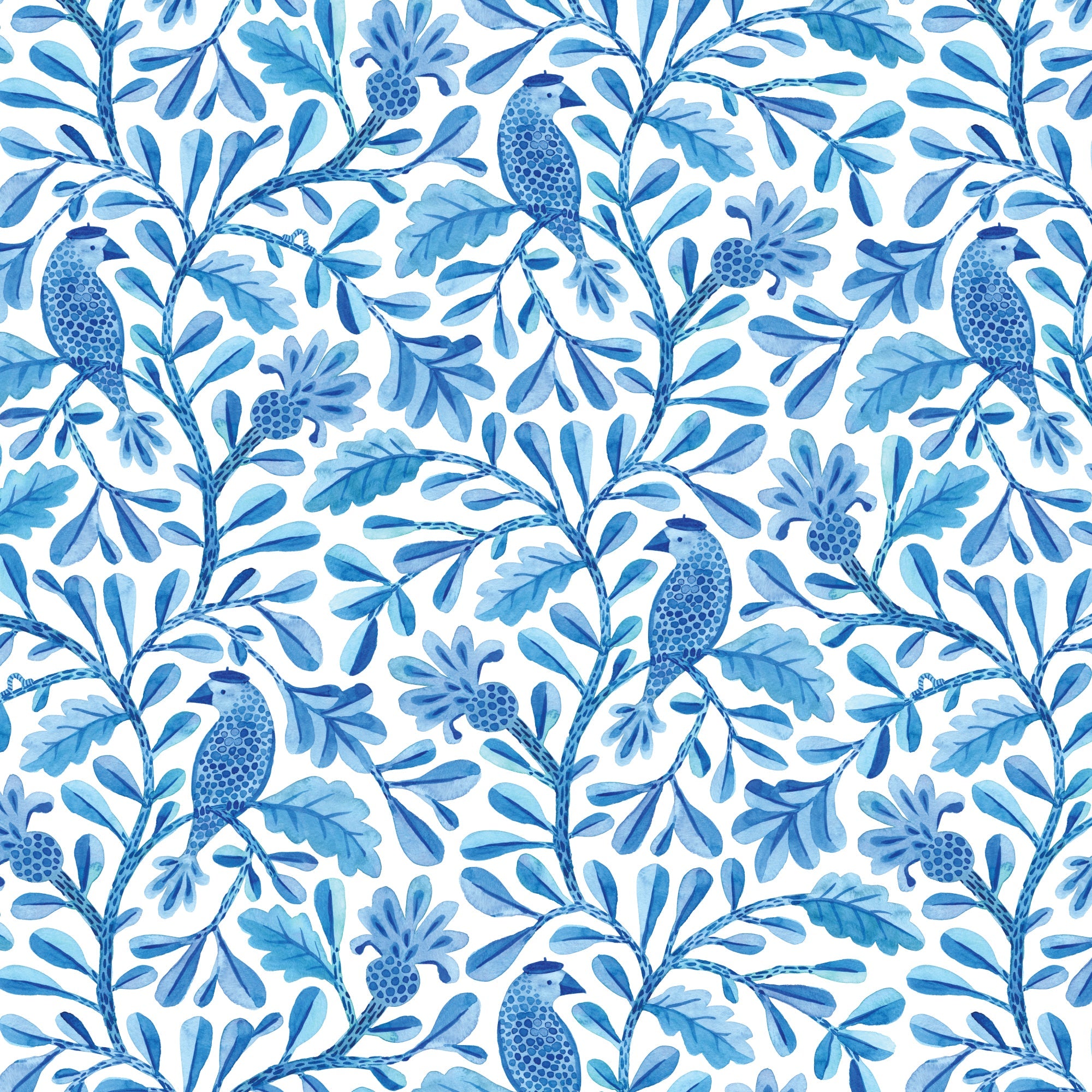 Blue Henri Birds and Branches Cotton 44/45 Fabric Per Yard