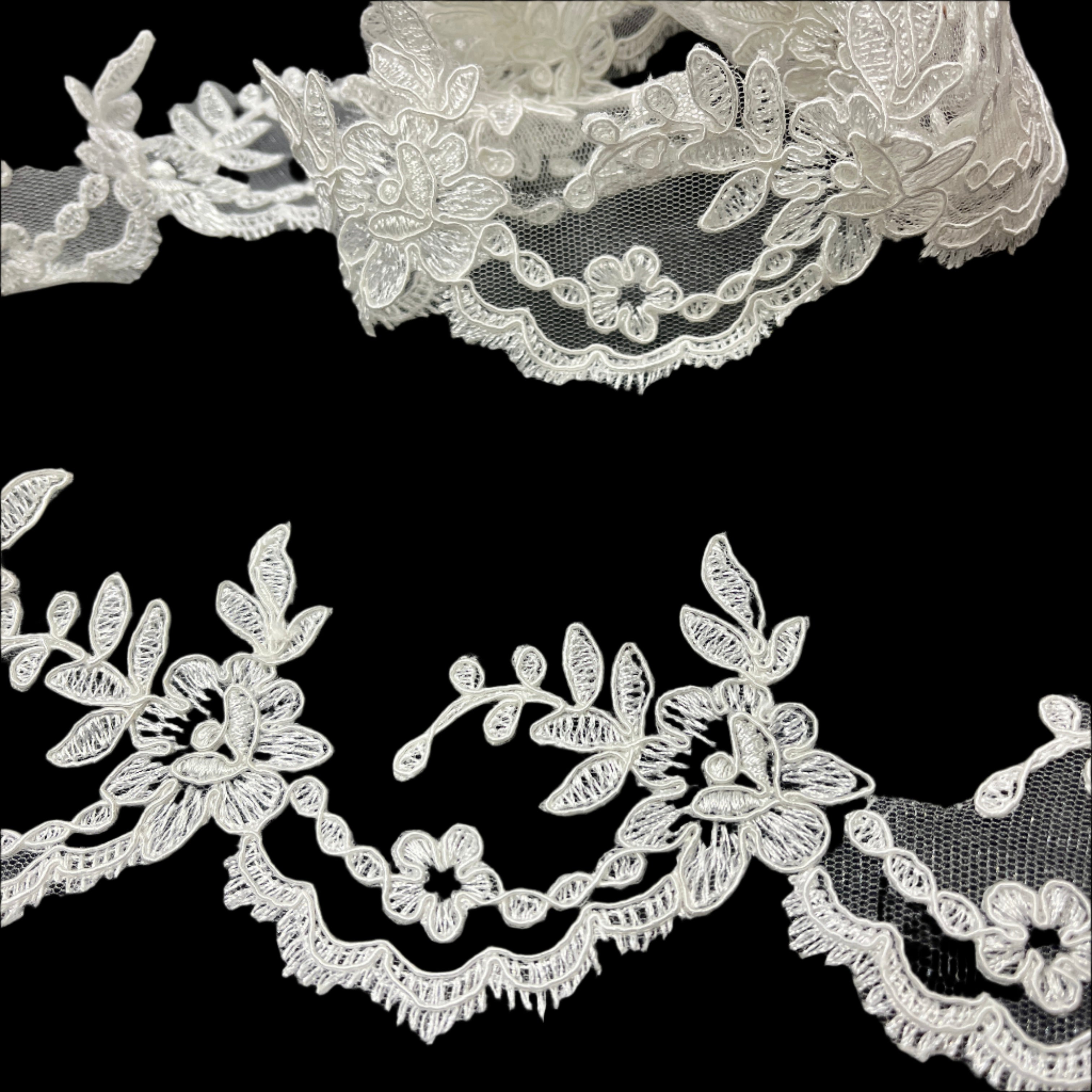 Corded Lace Trimming Embroidered on 100% Polyester Net Mesh | Spandex Palace - 96665W/1