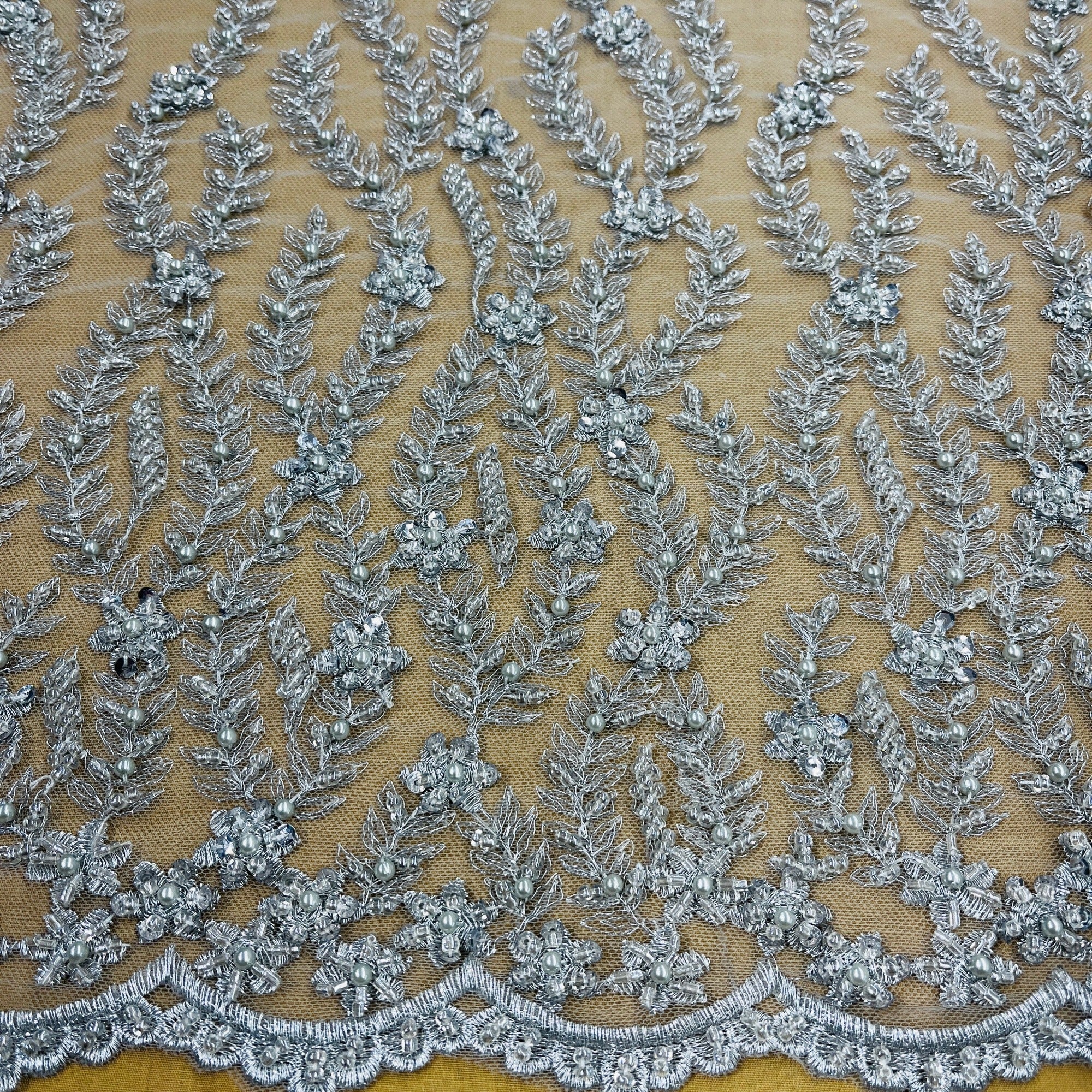 Beaded Lace Fabric Embroidered on 100% Polyester Net Mesh | Lace USA - GD-18613