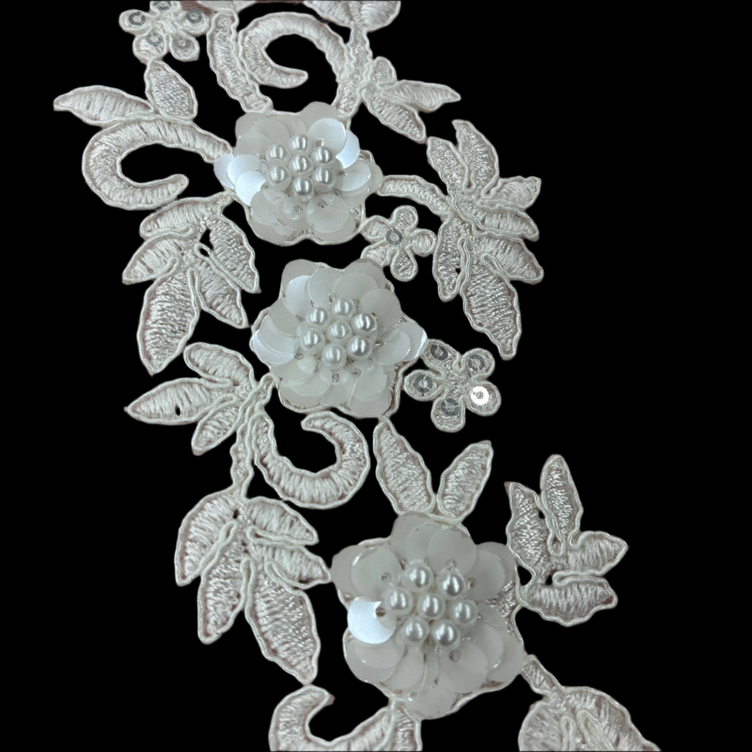 Beaded & Corded Floral 3D Lace Applique Embroidered on 100% Polyester Net Mesh | Spandex Palace - 97228W-HB