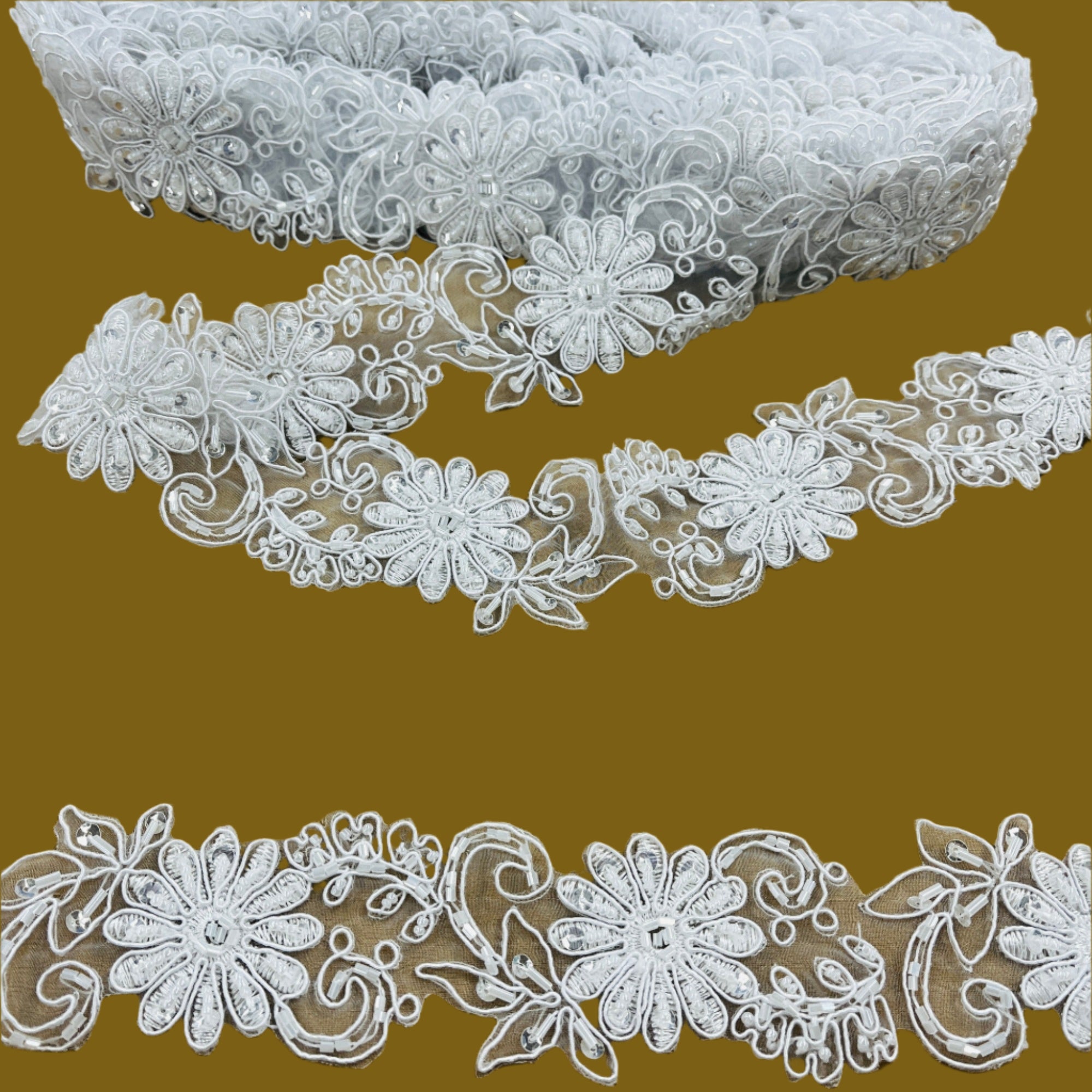 Beaded & Corded Lace Trimming Embroidered on 100% Polyester Organza  | Spandex Palace