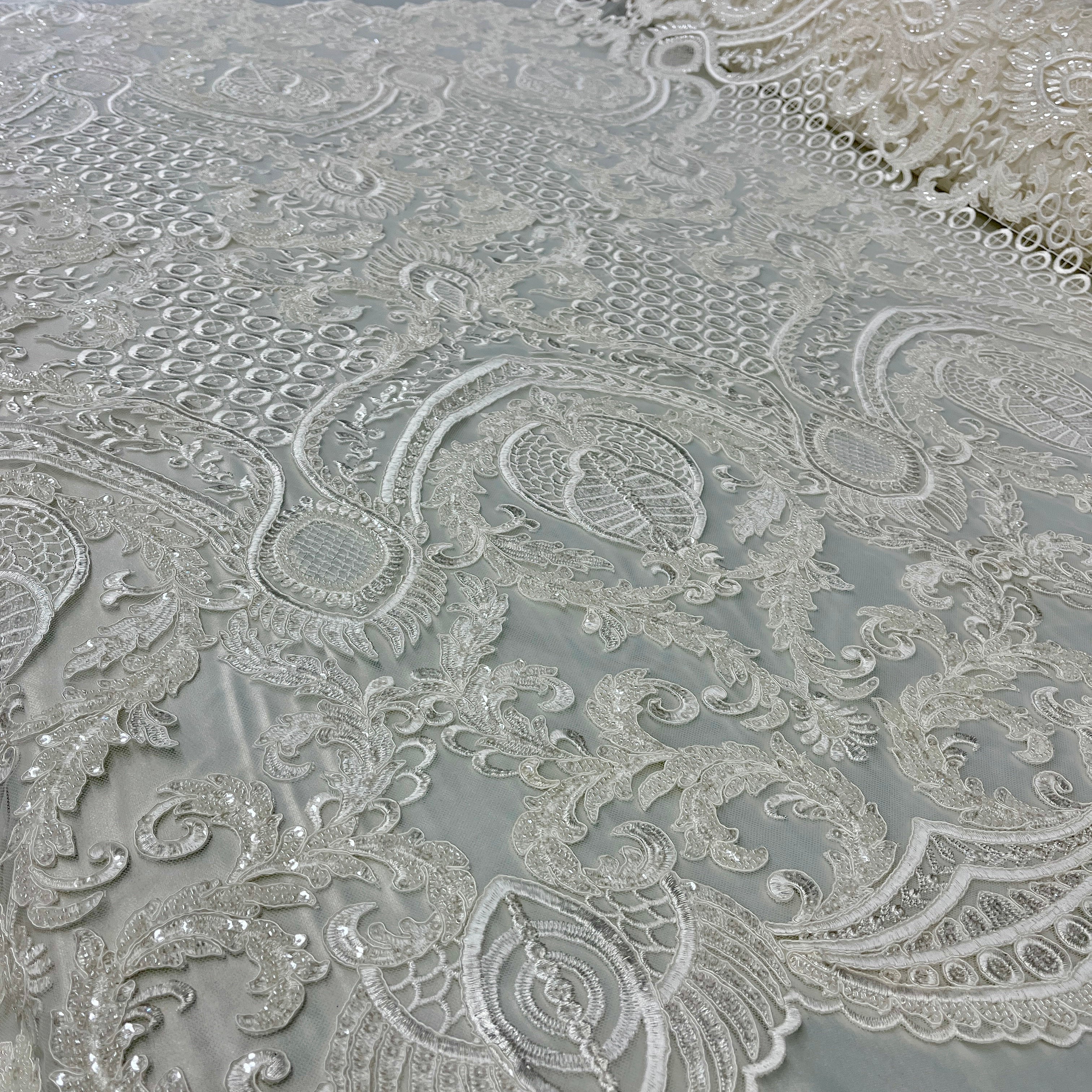 Beaded & Corded Bridal Lace Fabric Embroidered on 100% Polyester Net Mesh | Spandex Palace
