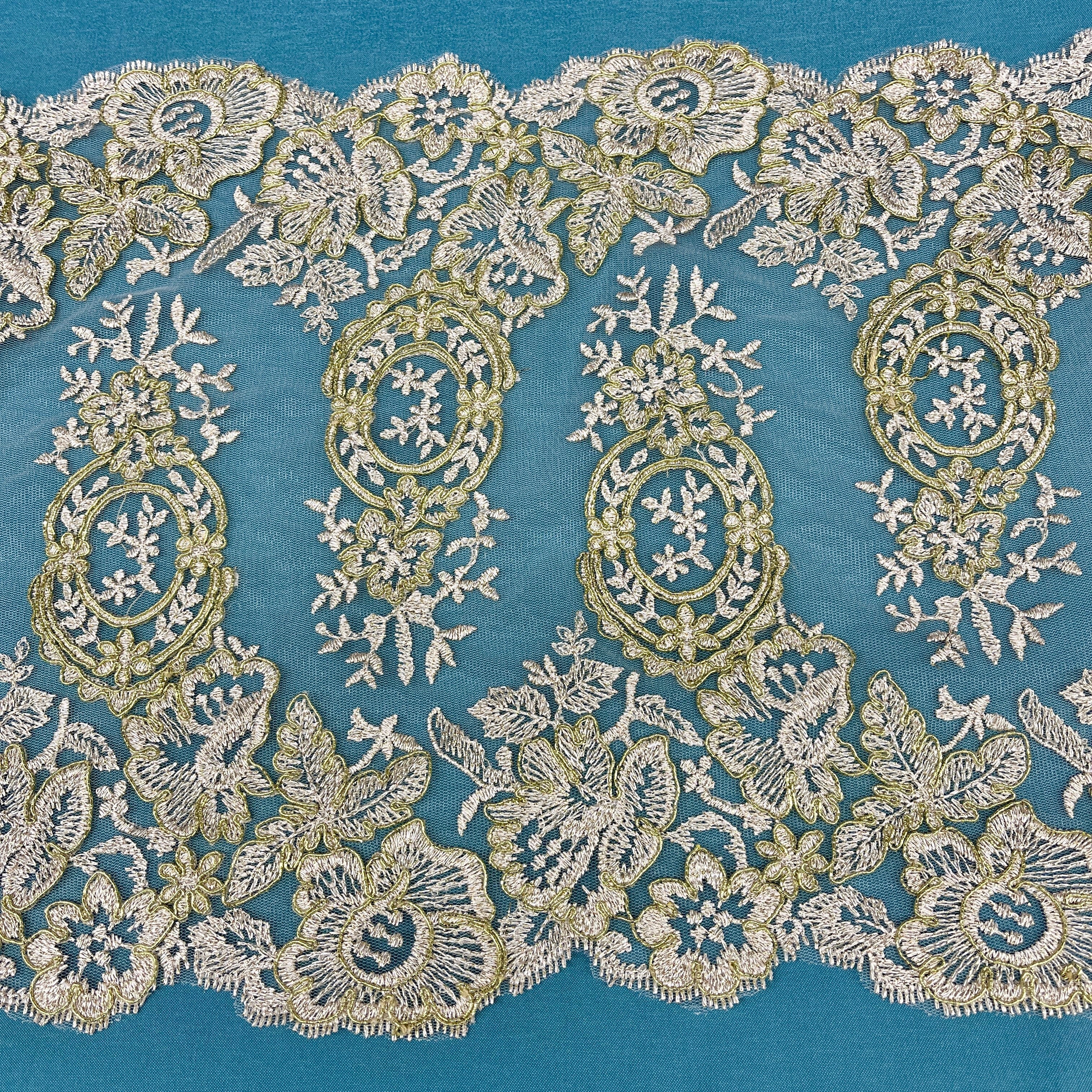 Corded Double Sided Lace Trimming Embroidered on 100% Polyester Net Mesh | Spandex Palace - 97039W/2