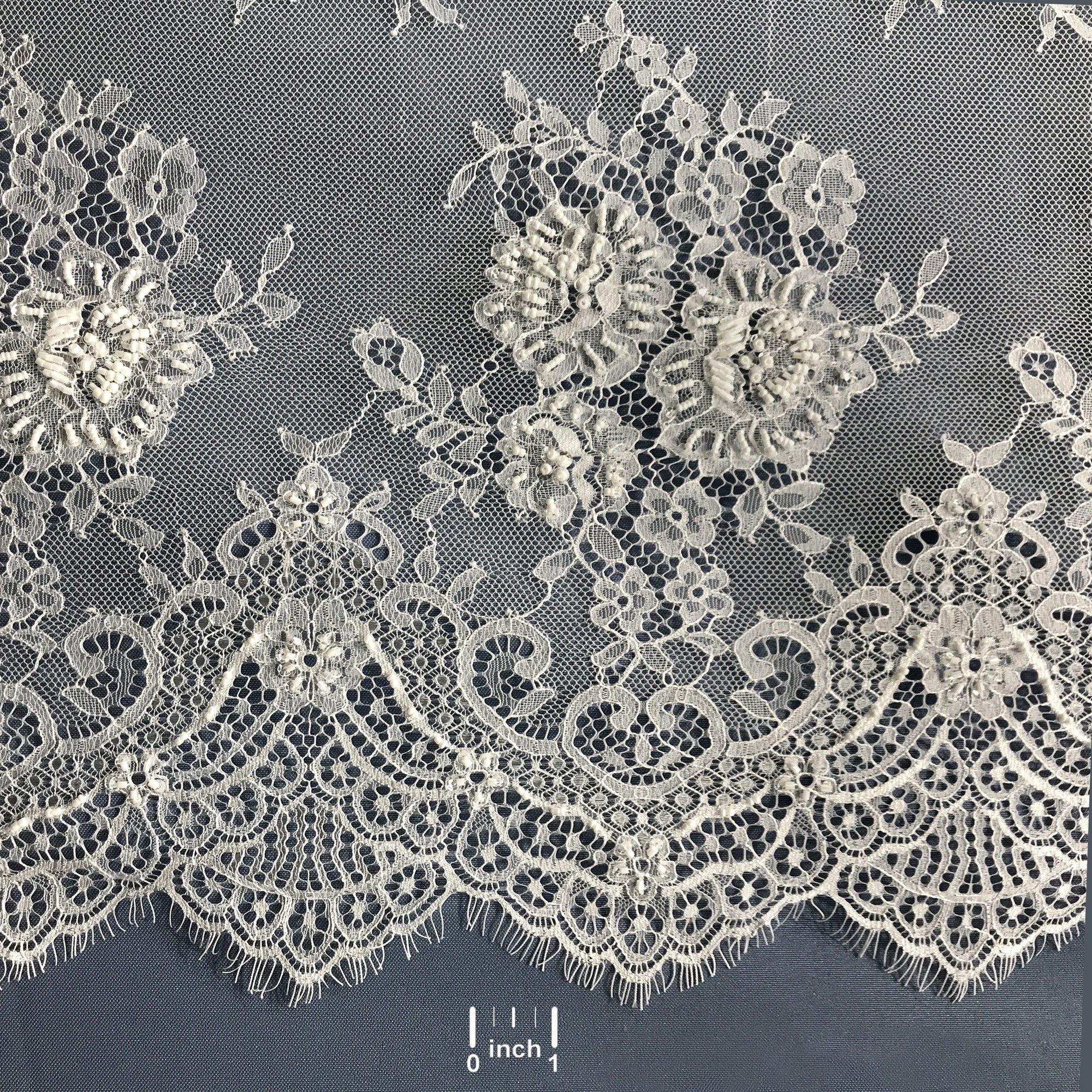 Beaded Chantilly Embroidered Lace Fabric with Eyelash Scallop - 3 Yards | Lace USA - 68138W-BP
