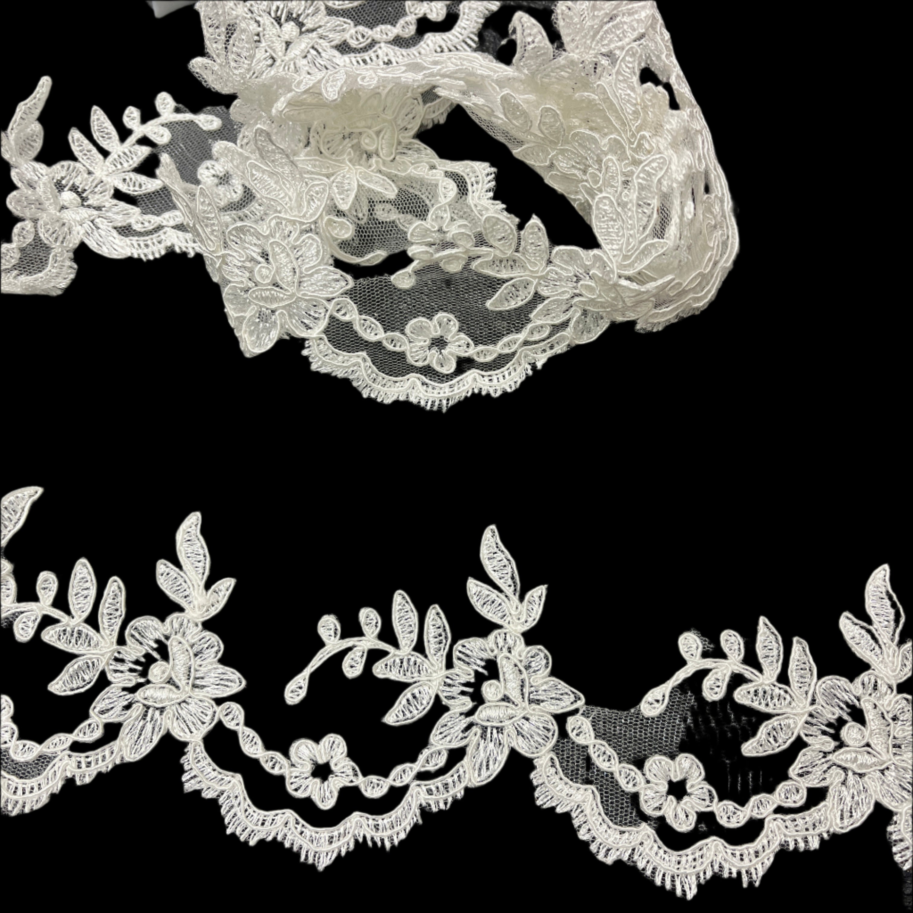 Corded Lace Trimming Embroidered on 100% Polyester Net Mesh | Spandex Palace - 96665W/1