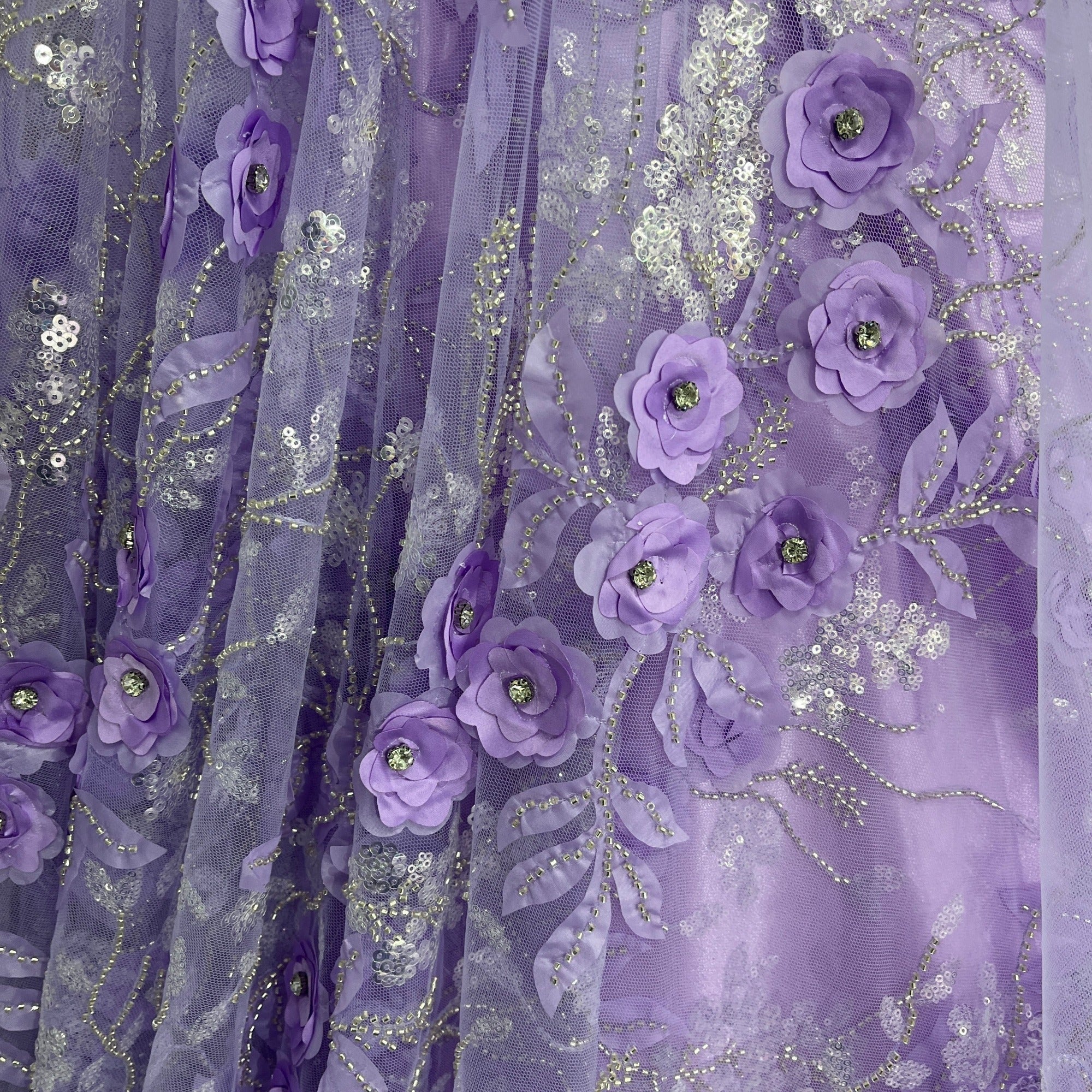 Beaded, Sequined 3D Floral Lace Fabric – Embroidered Mesh for Dresses