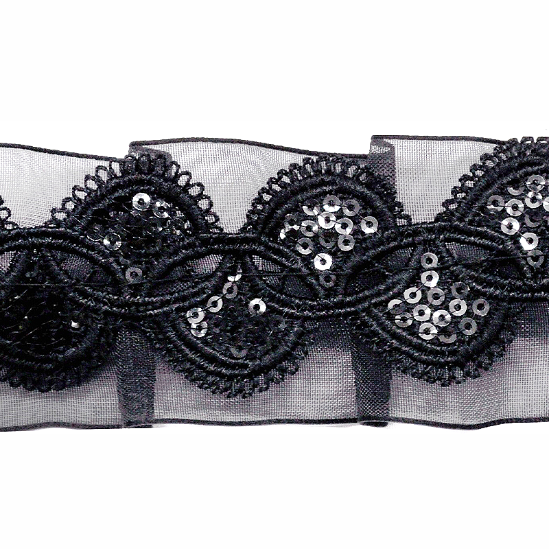 Belagio Enterprises - 1 1/2" Width Gathered Lace with Sequins (10 Yard Roll) - BRL-800-02 Black