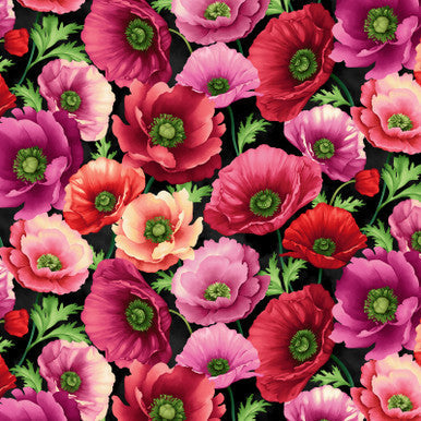 Black Poppies Blissful Blooms Cotton 43"/44" Fabric Per Yard