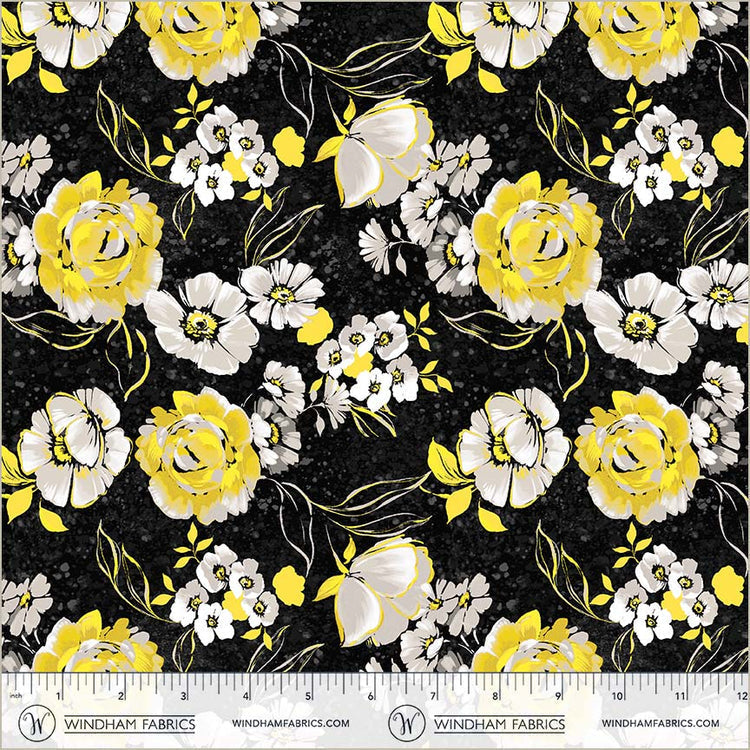 Black Verona Fiori Cotton 44/45 Fabric Per Yard