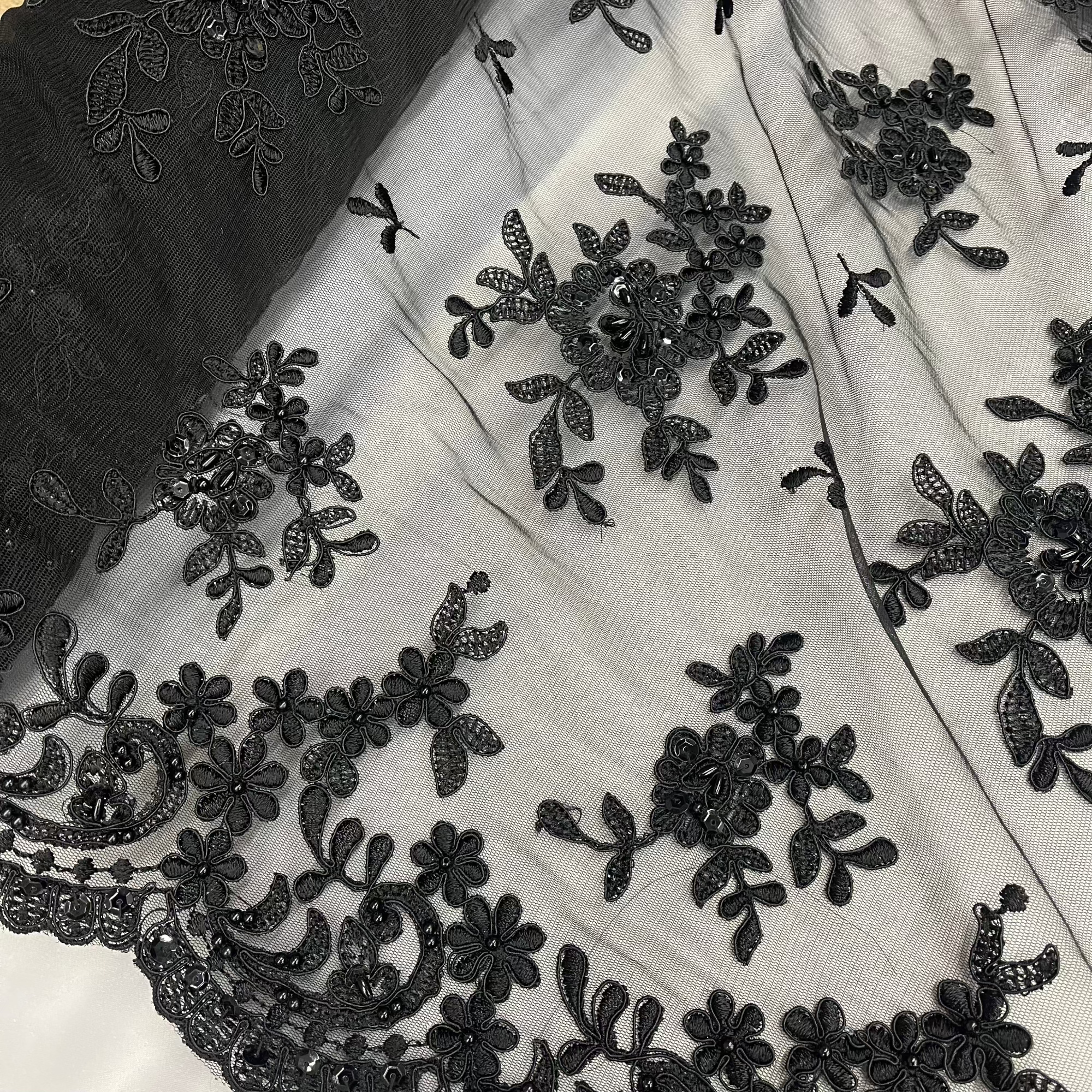 Beaded & Corded Lace Fabric – Floral Design with Scalloped Edges | Lace USA - 91436W-BP