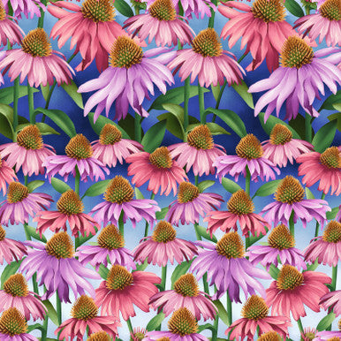 Blue Echinacea Blissful Blooms Cotton 43"/44" Fabric Per Yard