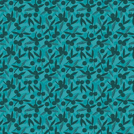 Teal Dahlias at Dusk Leaf & Berries Silhouettes Cotton 44"/45" Fabric Per Yard