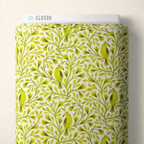 Dark Lime Citrine Birds and Branches Cotton 44/45 Fabric Per Yard
