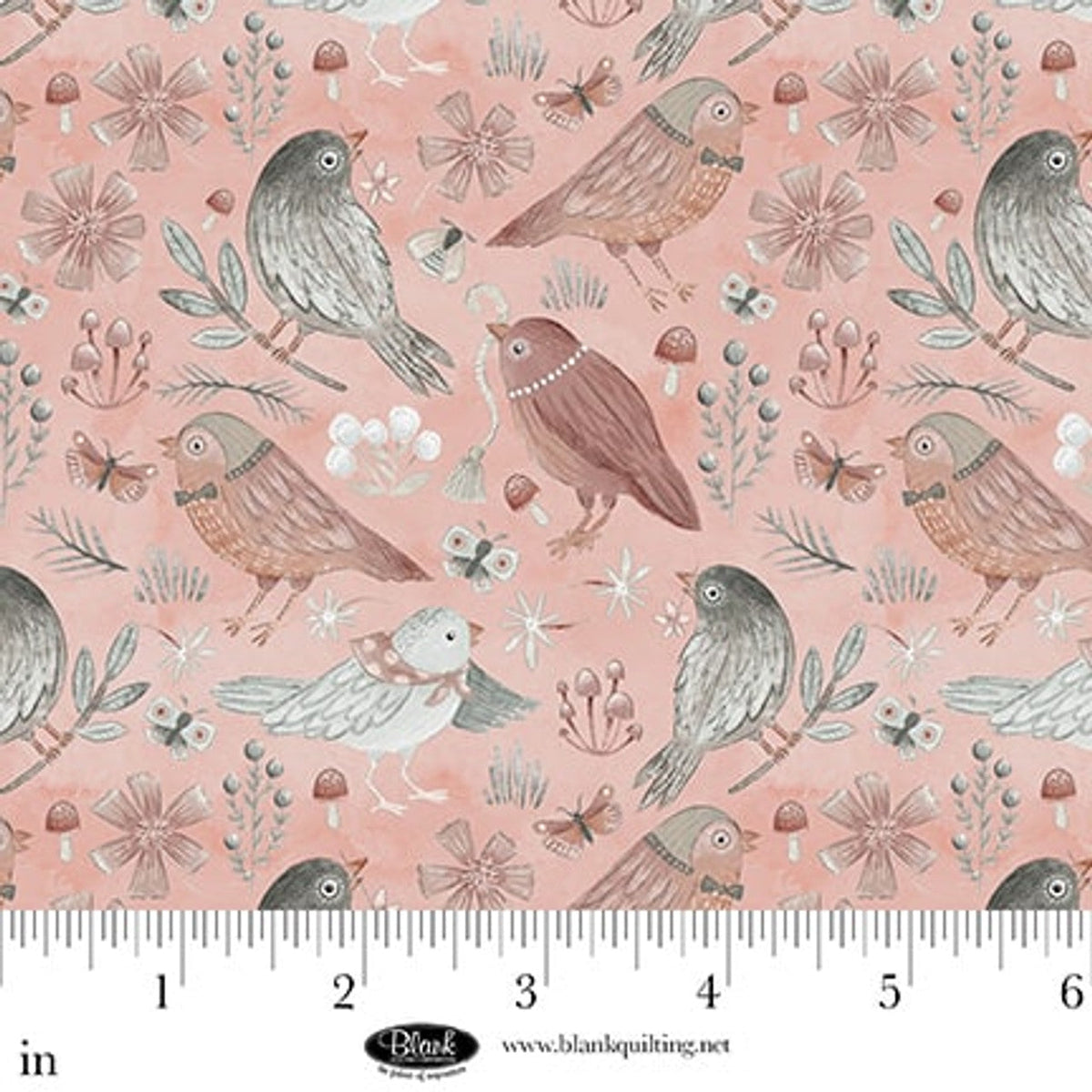 Dusty Rose Birds Petals & Pewter Cotton 44"/45" Fabric Per Yard