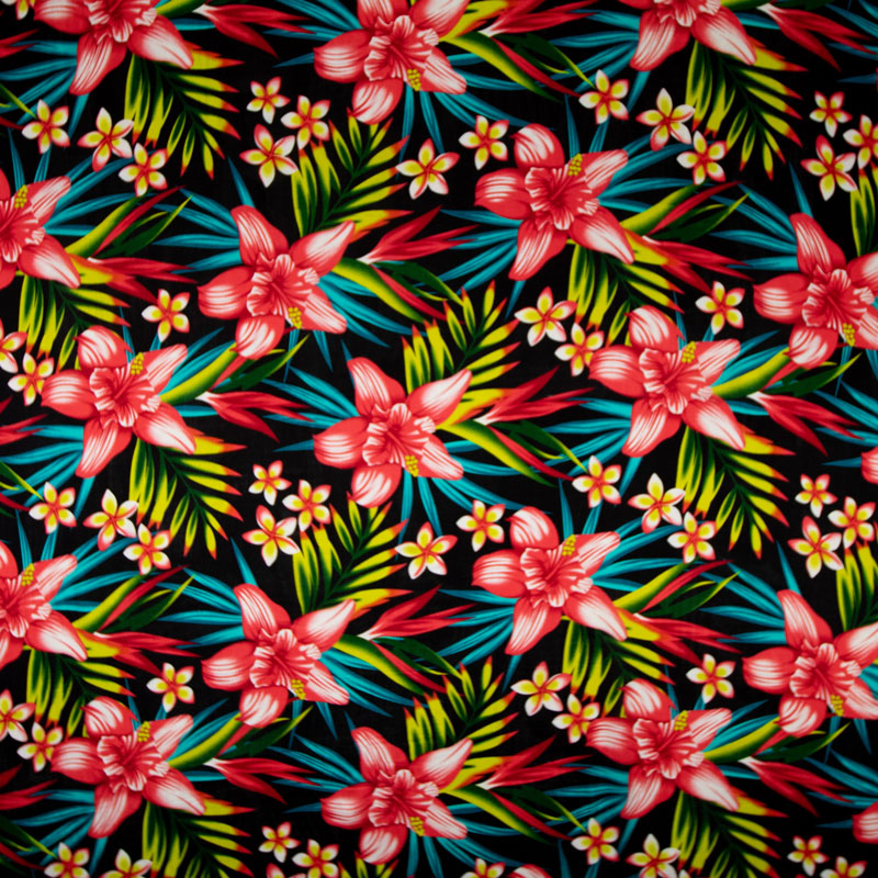 Hypogastrium Plumeria Birds of Paradise Palm leaves Fabric Rayon | Spandex Palace