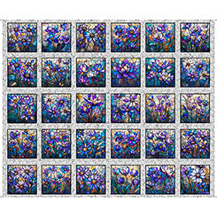 Gray Mosaic Blooms Stained Glass Floral Picture Panel Cotton 44/45 Fabric Per Yard