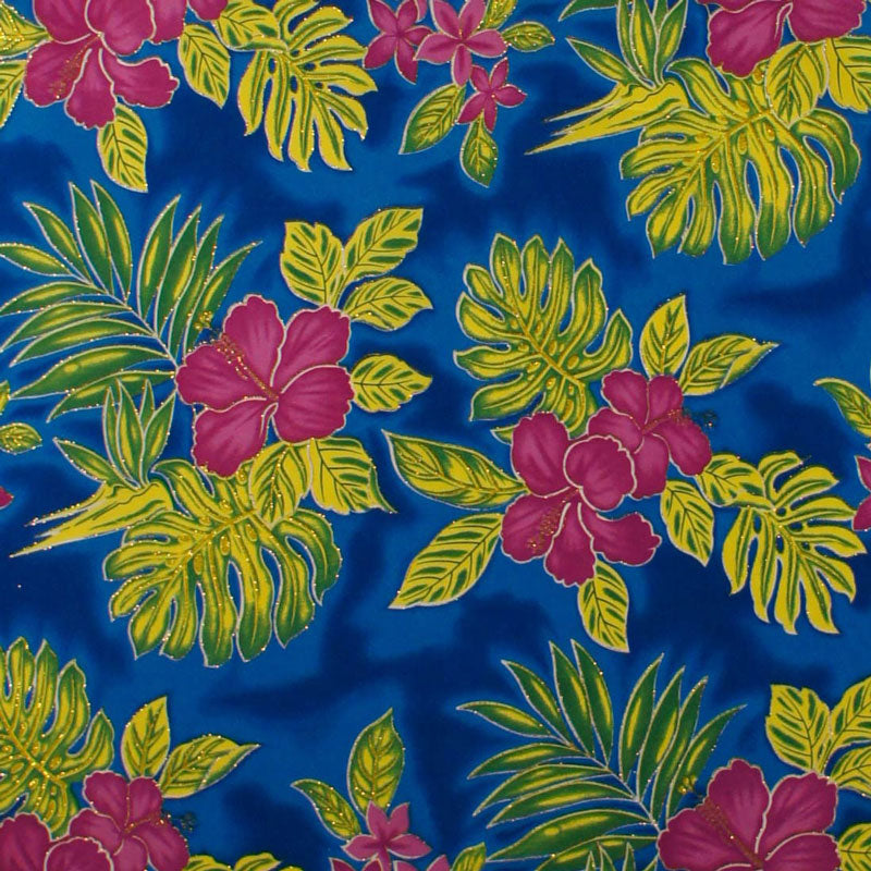 Hibiscus Plumeria Monstera Palm Leaves Glitter Polyester Fabric | Islands Fabric