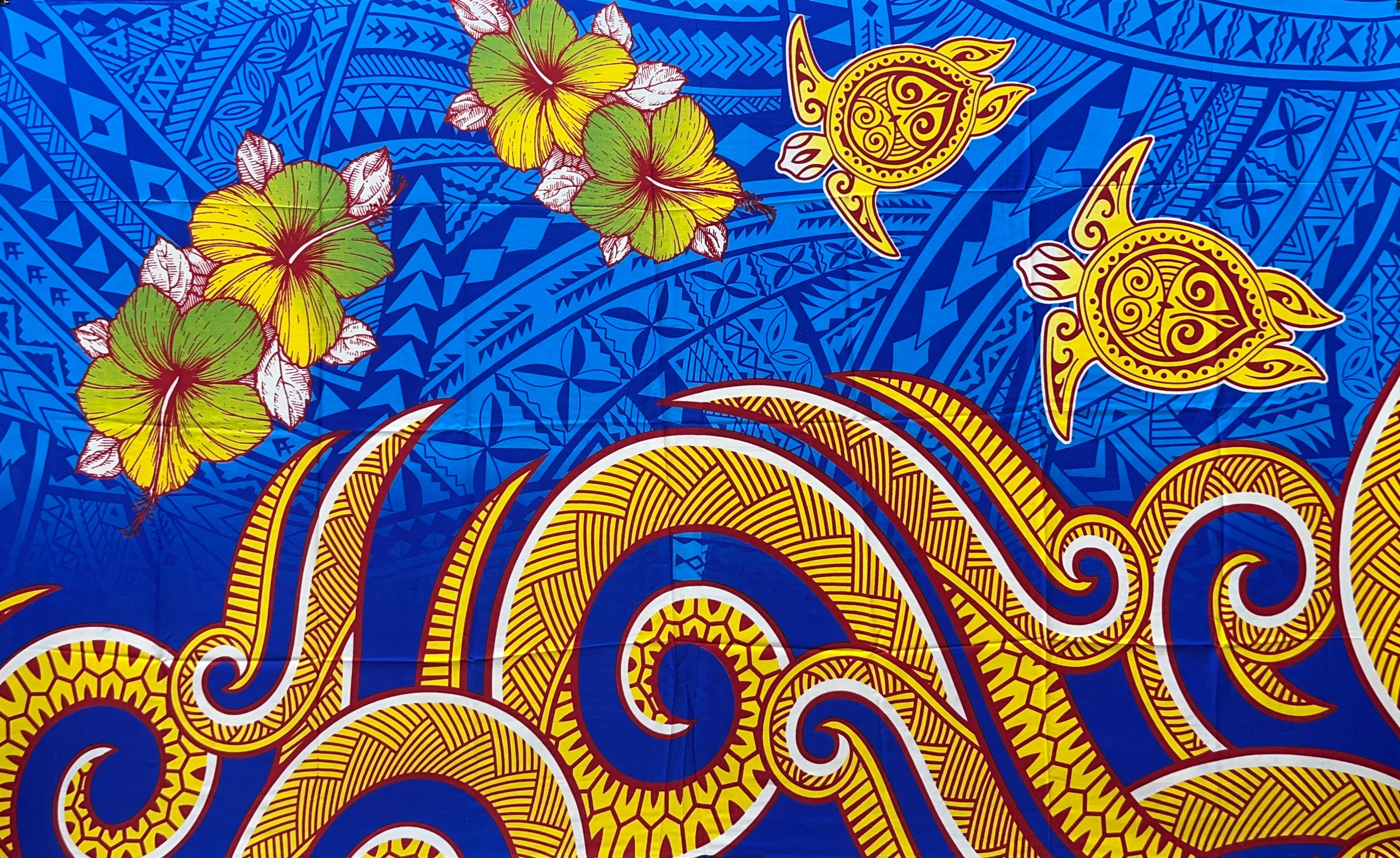 Hibiscus Turtles Waves Polyester Sarong | Islands Fabric