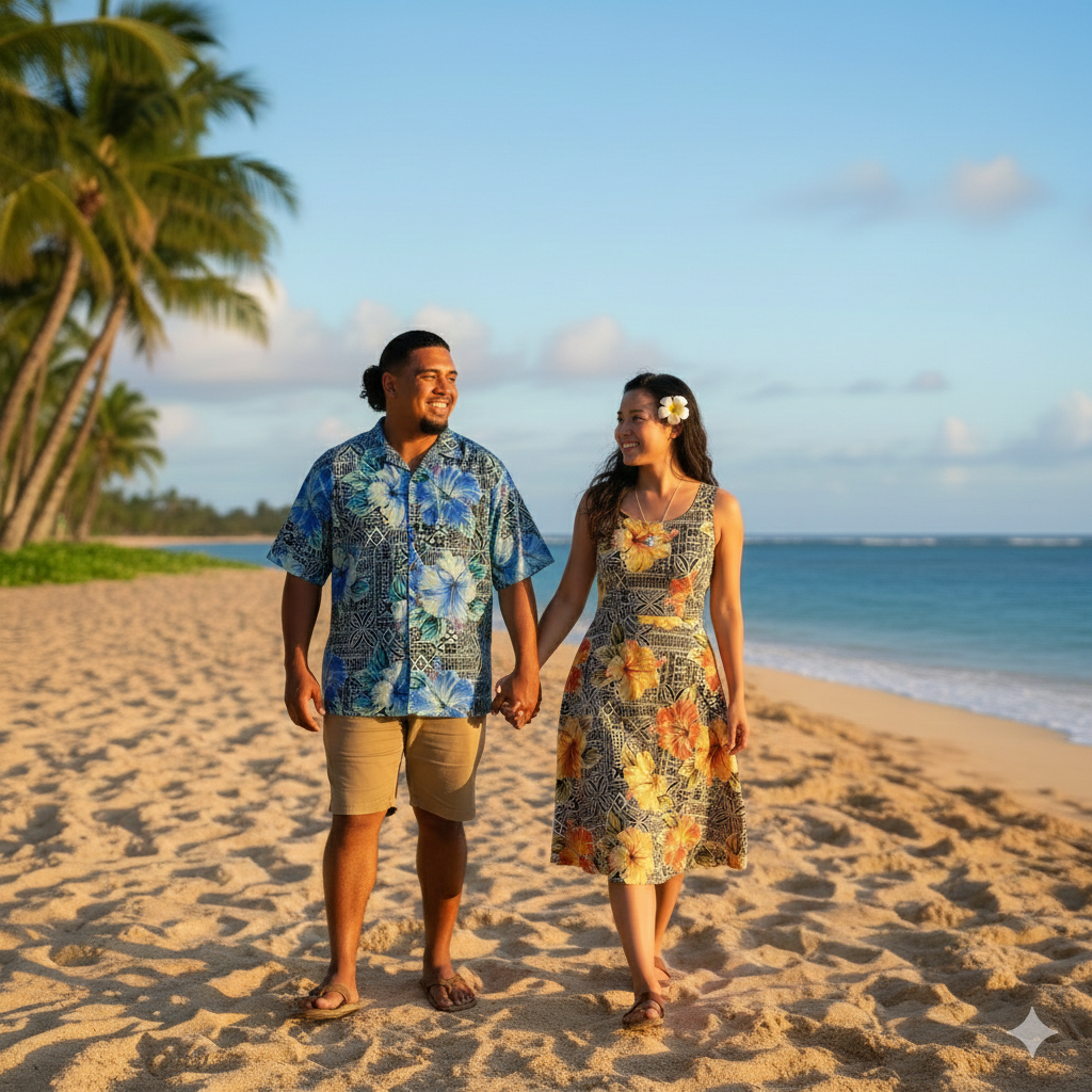 Hibiscus Flowers on traditional Tapa Polyester Fabric | Islands Fabric