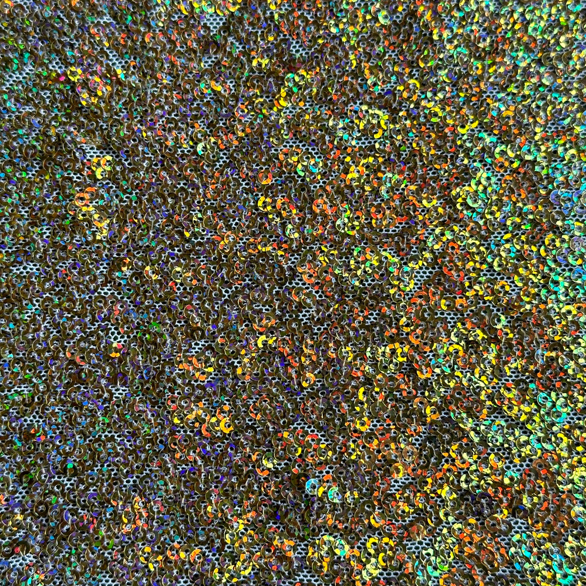 Stretch Power Mesh with All Over Glitz Sequins - Elevate Your Designs with Radiant Elegance! | Spandex Palace Gold Hologram