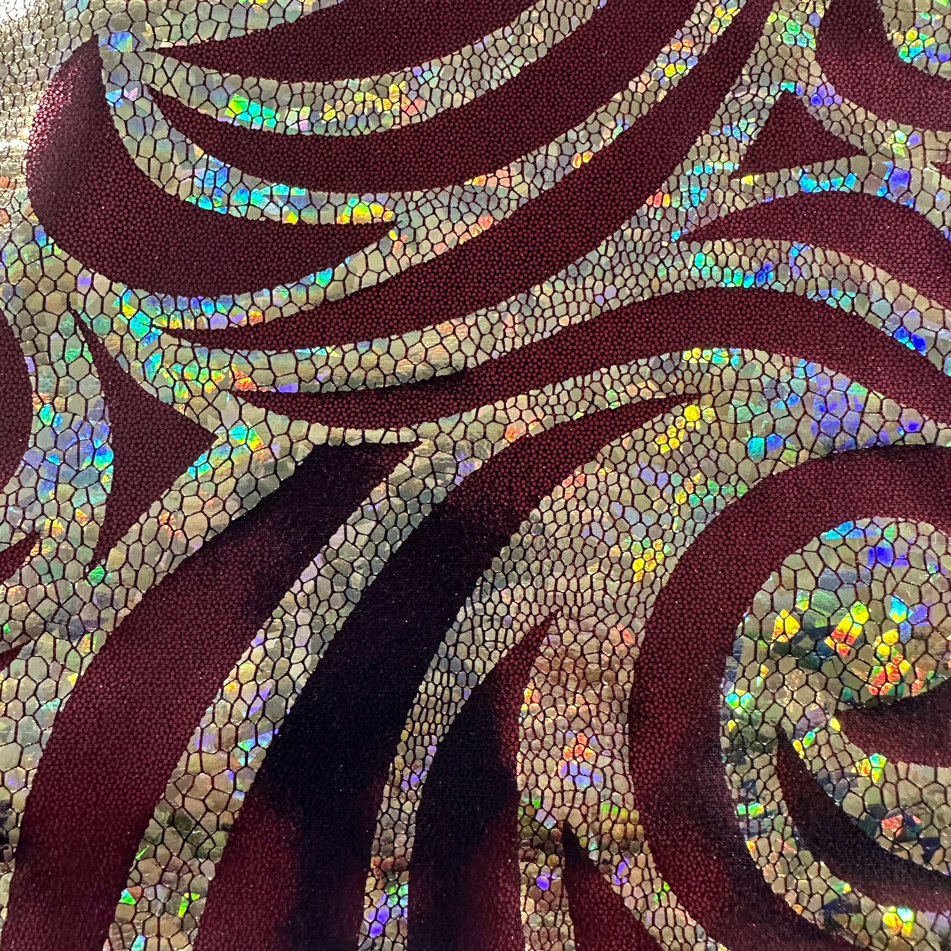 Elegant Paisley Foggy Foil: Nylon Spandex Fabric with Hologram Accents for Distinctive Style! | Spandex Palace Burgundy Gold