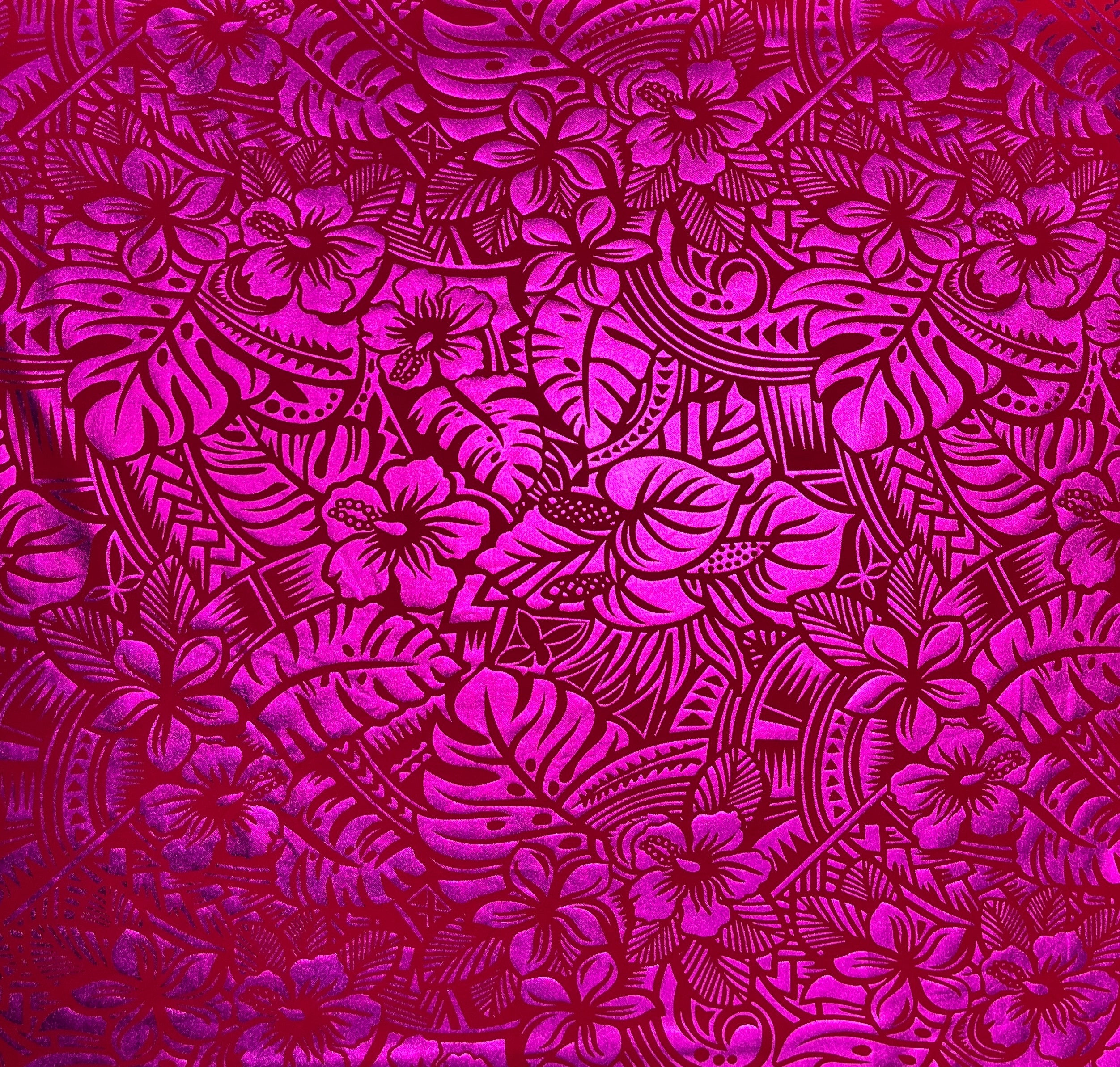 Hibiscus Plumeria Tiare Monstera,Musa Acuminata, Anthurium leaves Printed Polyester Foil Fabric | Islands Fabric