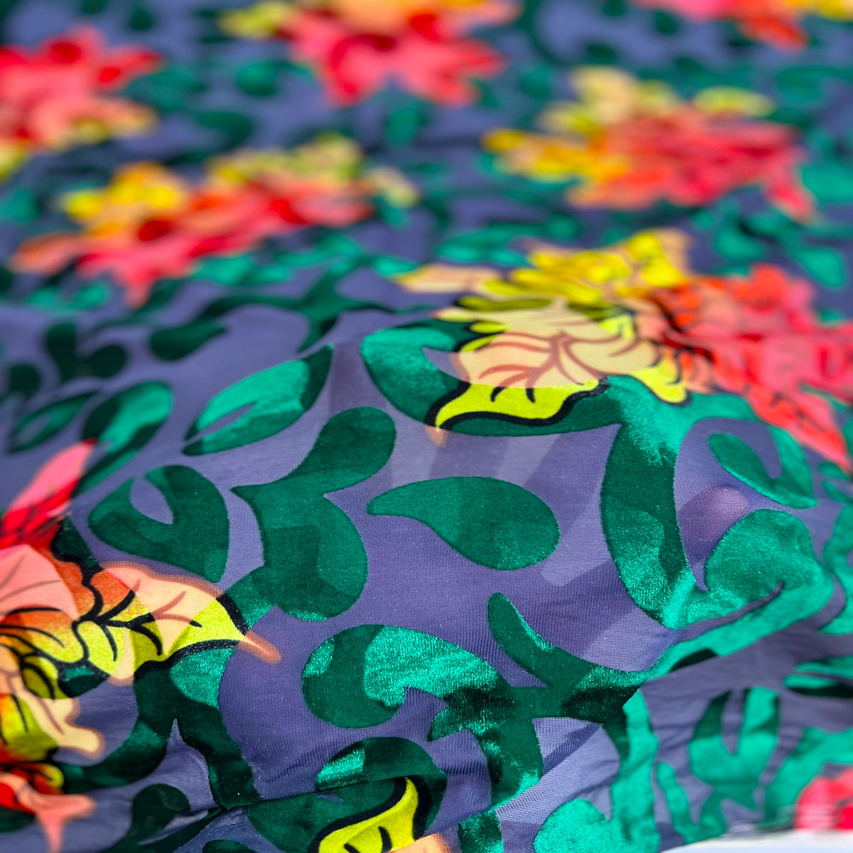 Bombay Multicolor Floral Burnout Stretch Velvet Fabric | Spandex Palace