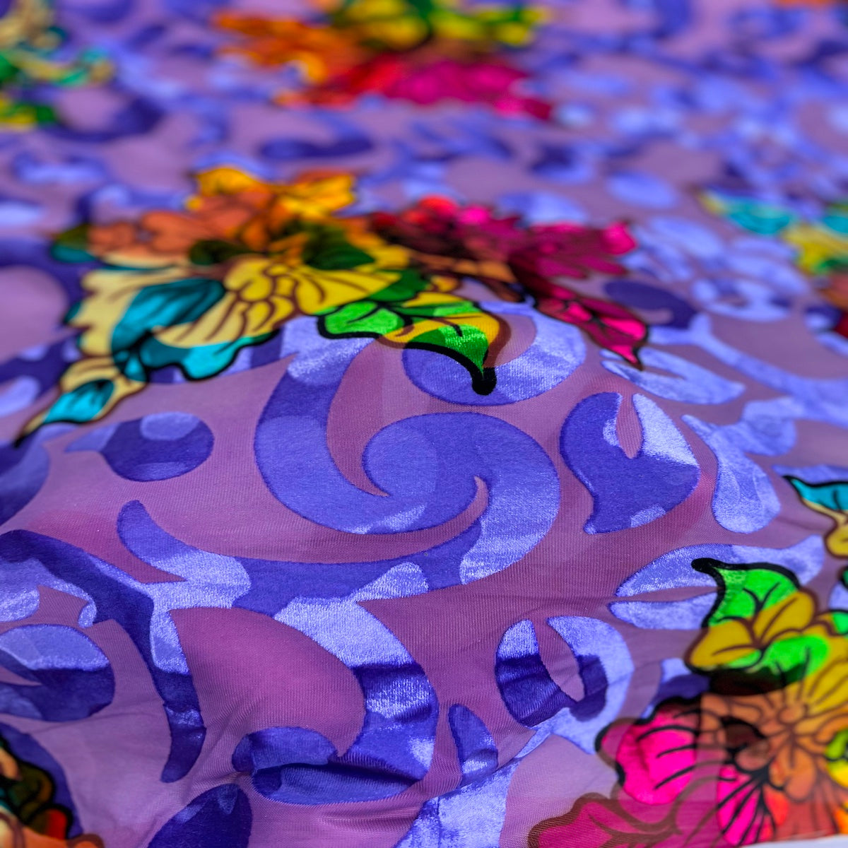 Bombay Multicolor Floral Burnout Stretch Velvet Fabric | Spandex Palace