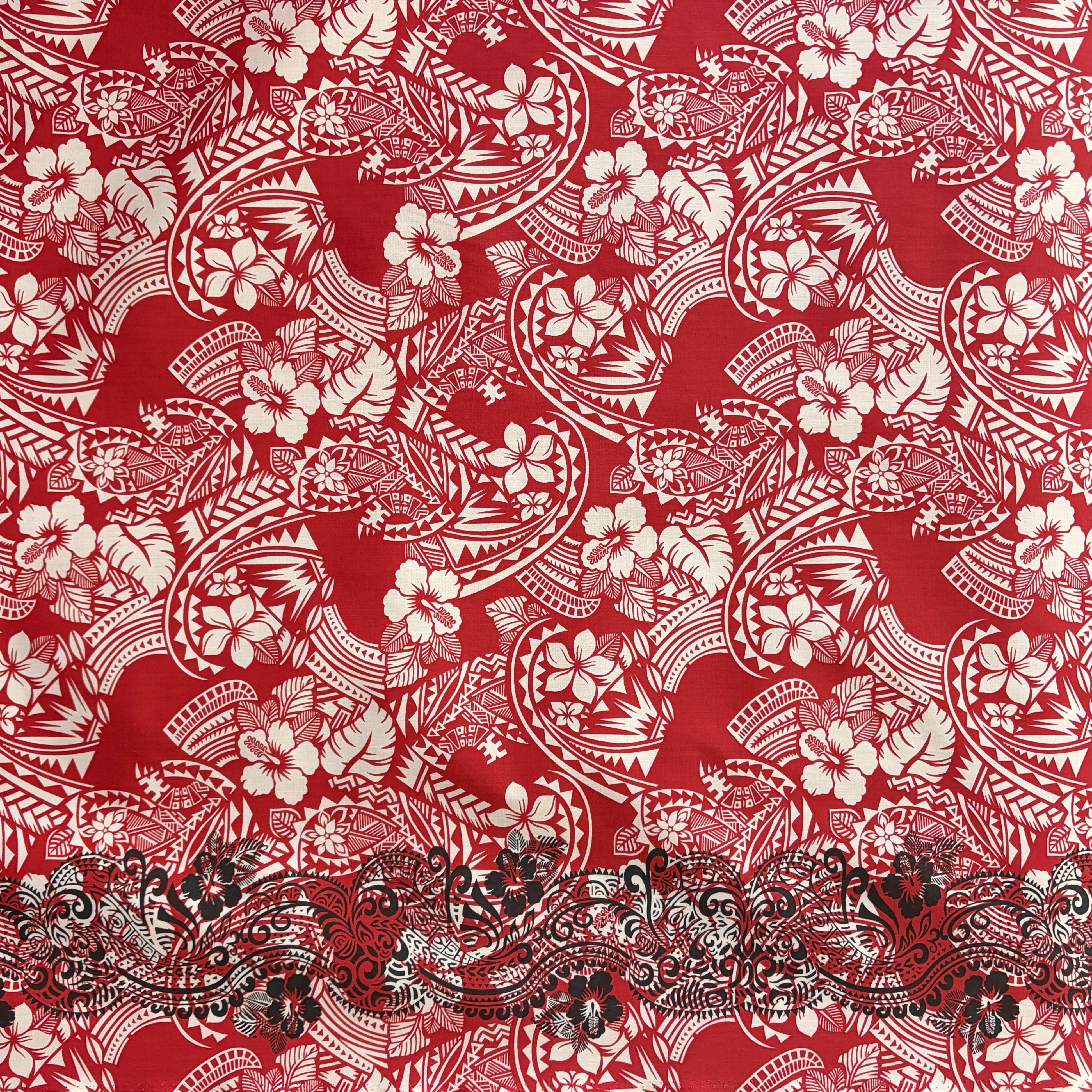 Polynesian Hibiscus & Plumeria Flowers Traditional Tattoo Single Border Poly-Cotton Fabric | Islands Fabric