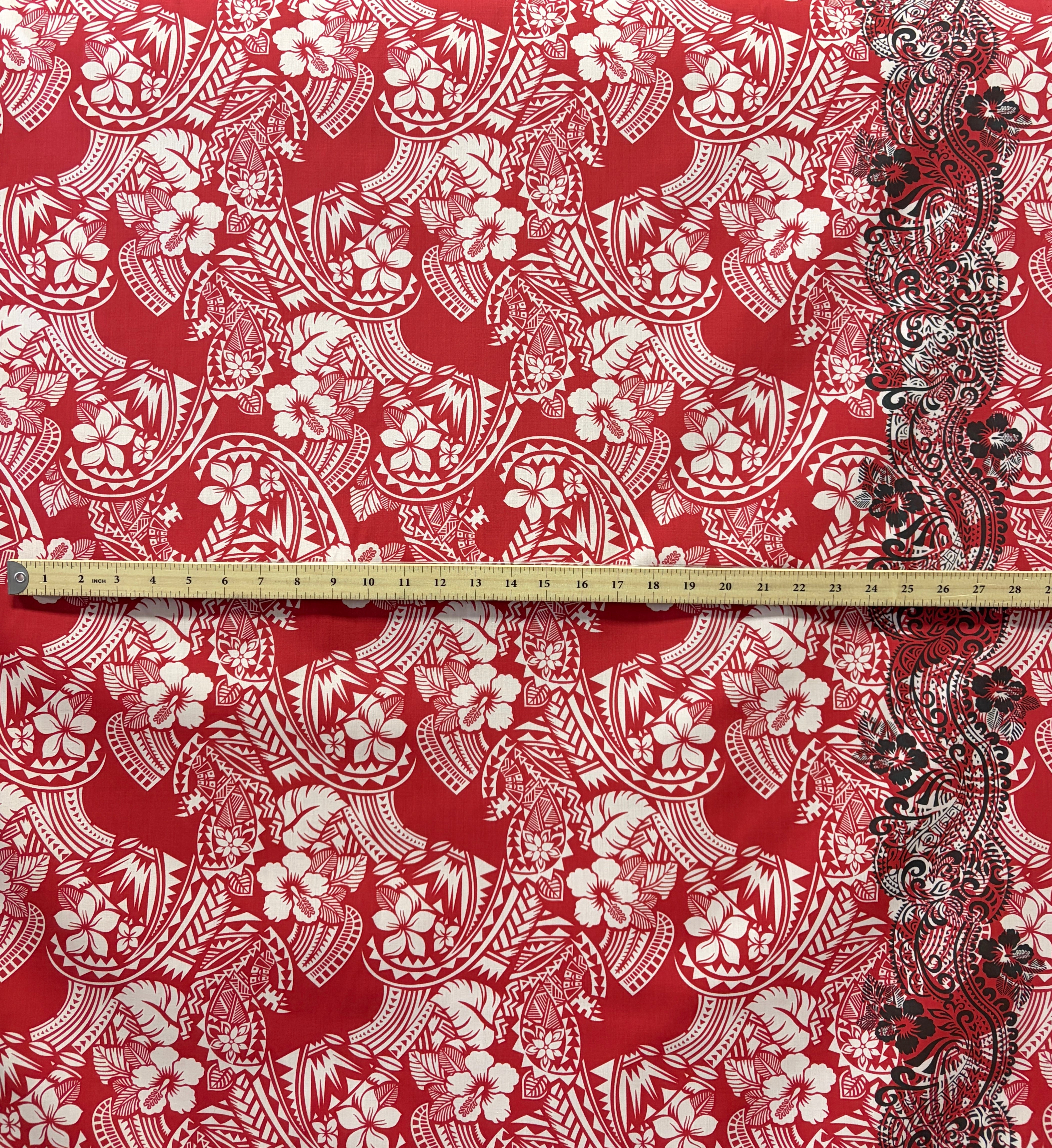 Polynesian Hibiscus & Plumeria Flowers Traditional Tattoo Single Border Poly-Cotton Fabric | Islands Fabric