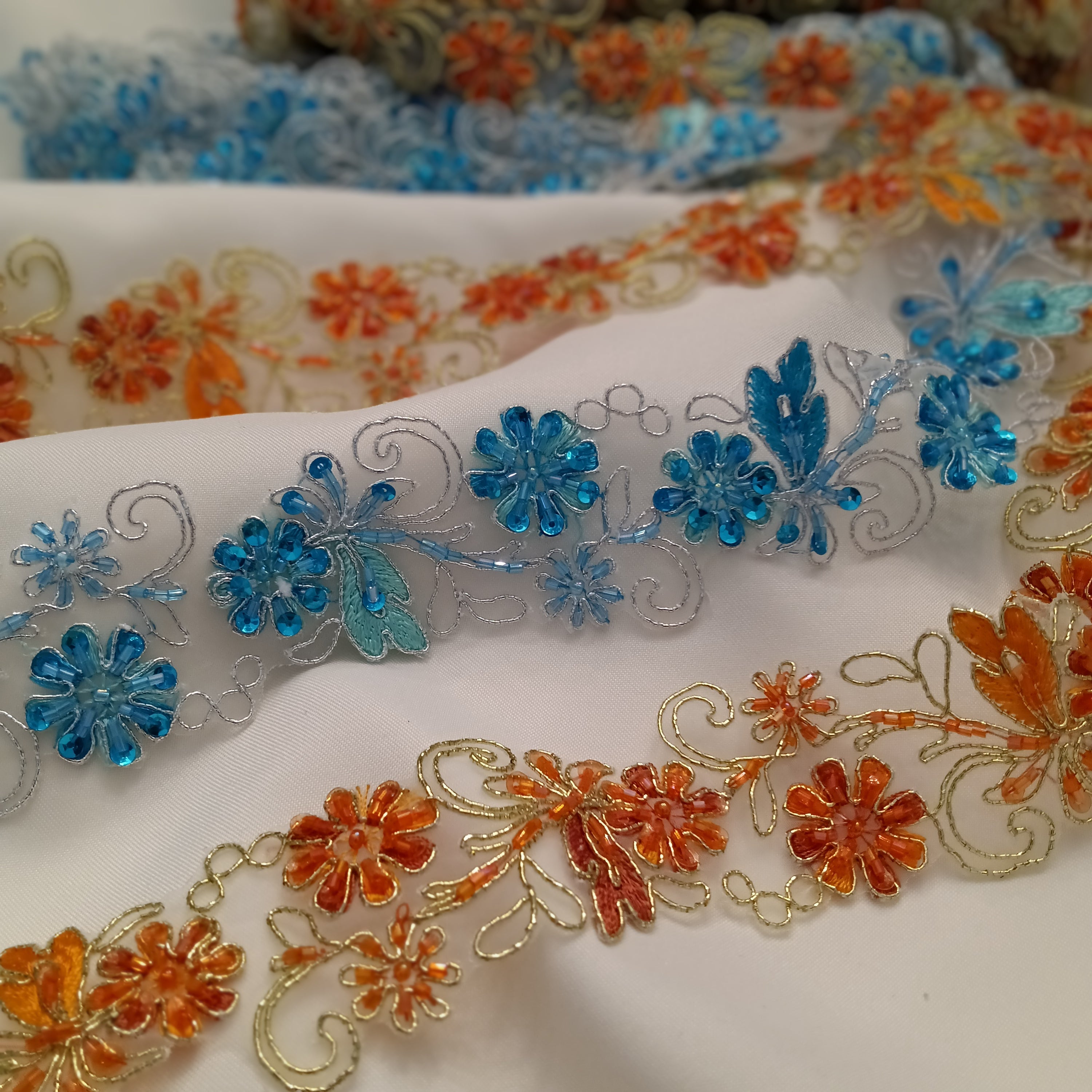 Beaded & Corded Lace Trimming Embroidered on 100% Polyester Organza | Lace USA - 96283N-BP