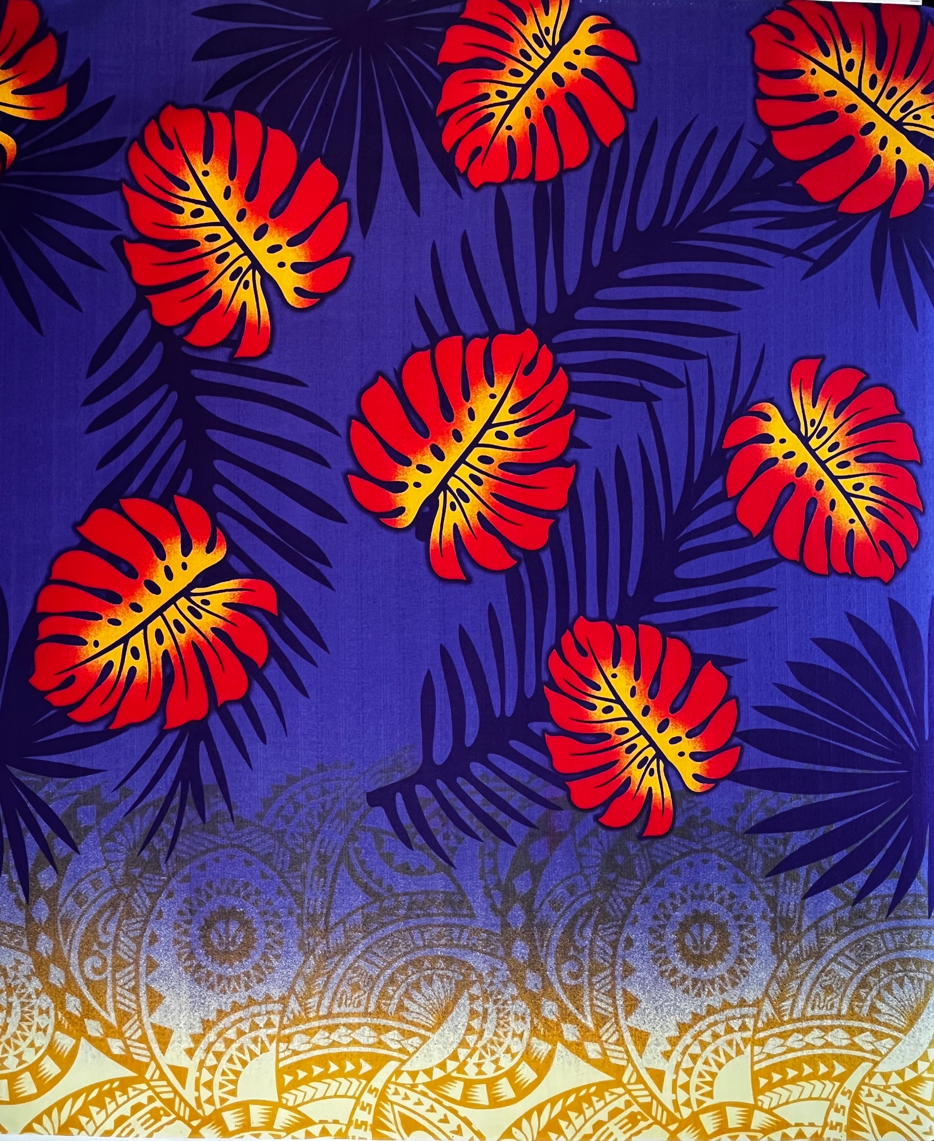 Monstera Palm Leaves Traditional Tattoo Border Light Barkcloth Fabric | Islands Fabric