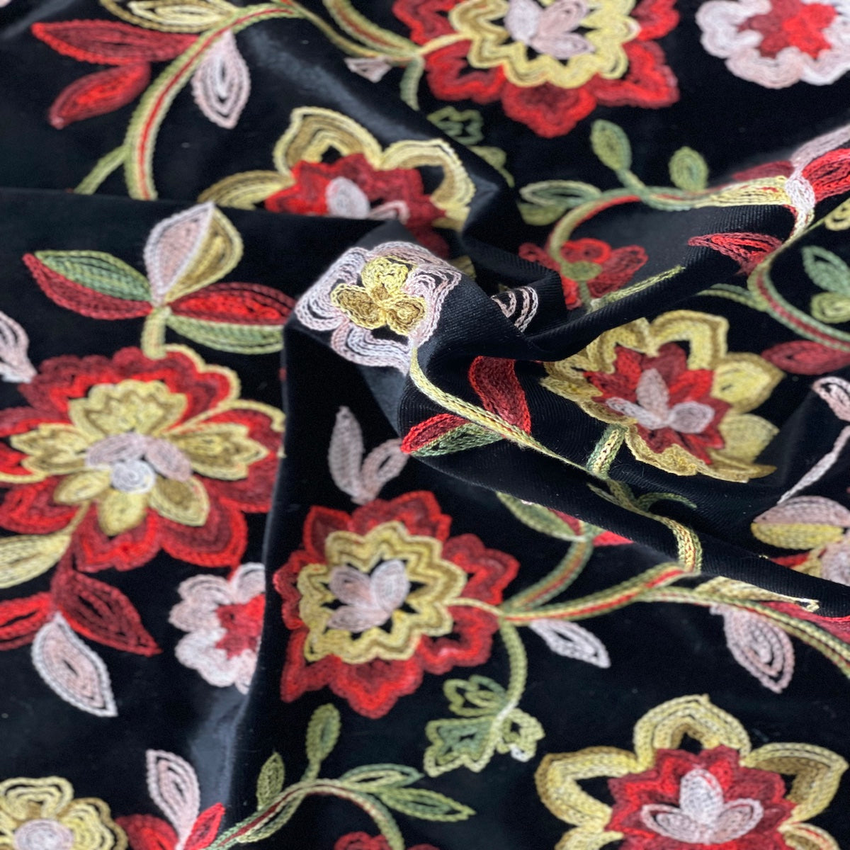 Briony Multicolor Floral Embroidered Stretch Velvet Fabric | Spandex Palace