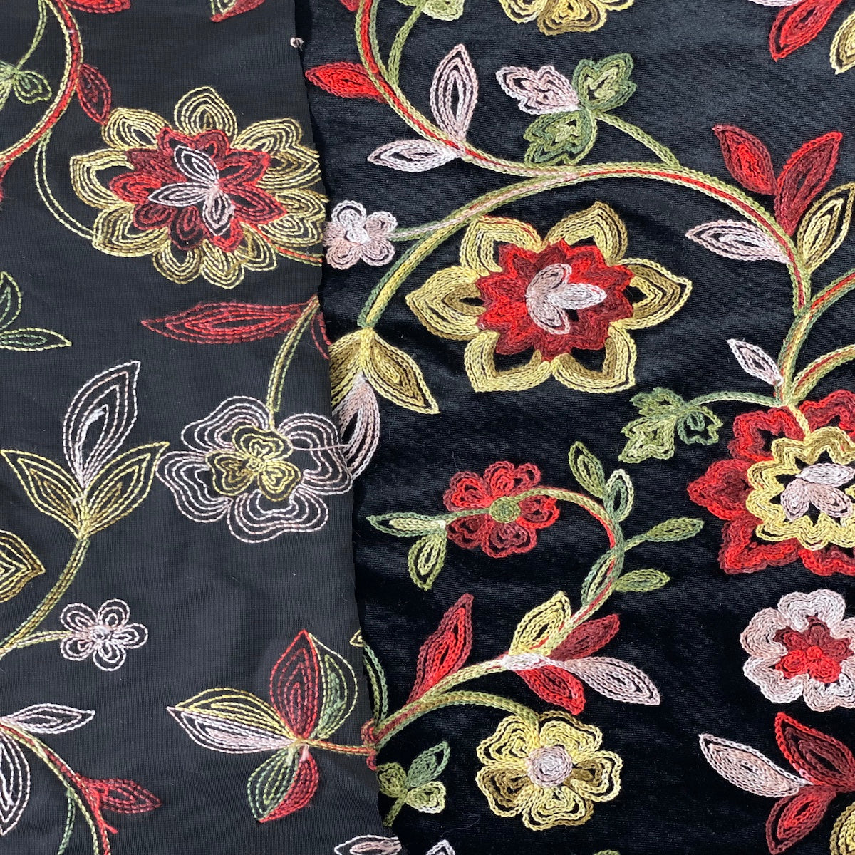 Briony Multicolor Floral Embroidered Stretch Velvet Fabric | Spandex Palace