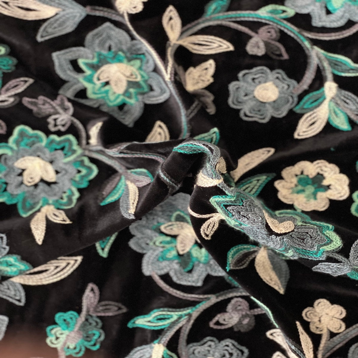 Briony Multicolor Floral Embroidered Stretch Velvet Fabric | Spandex Palace