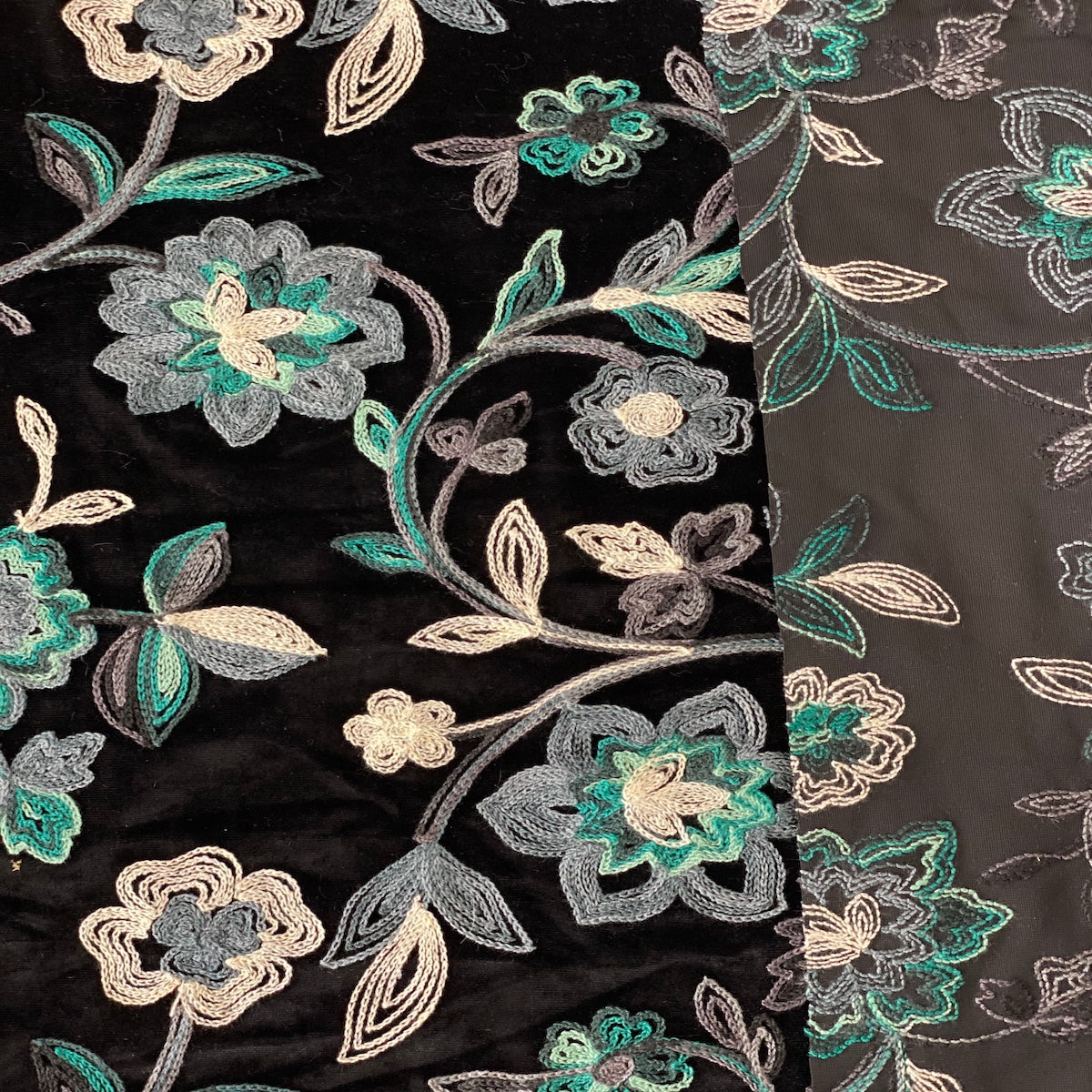 Briony Multicolor Floral Embroidered Stretch Velvet Fabric | Spandex Palace