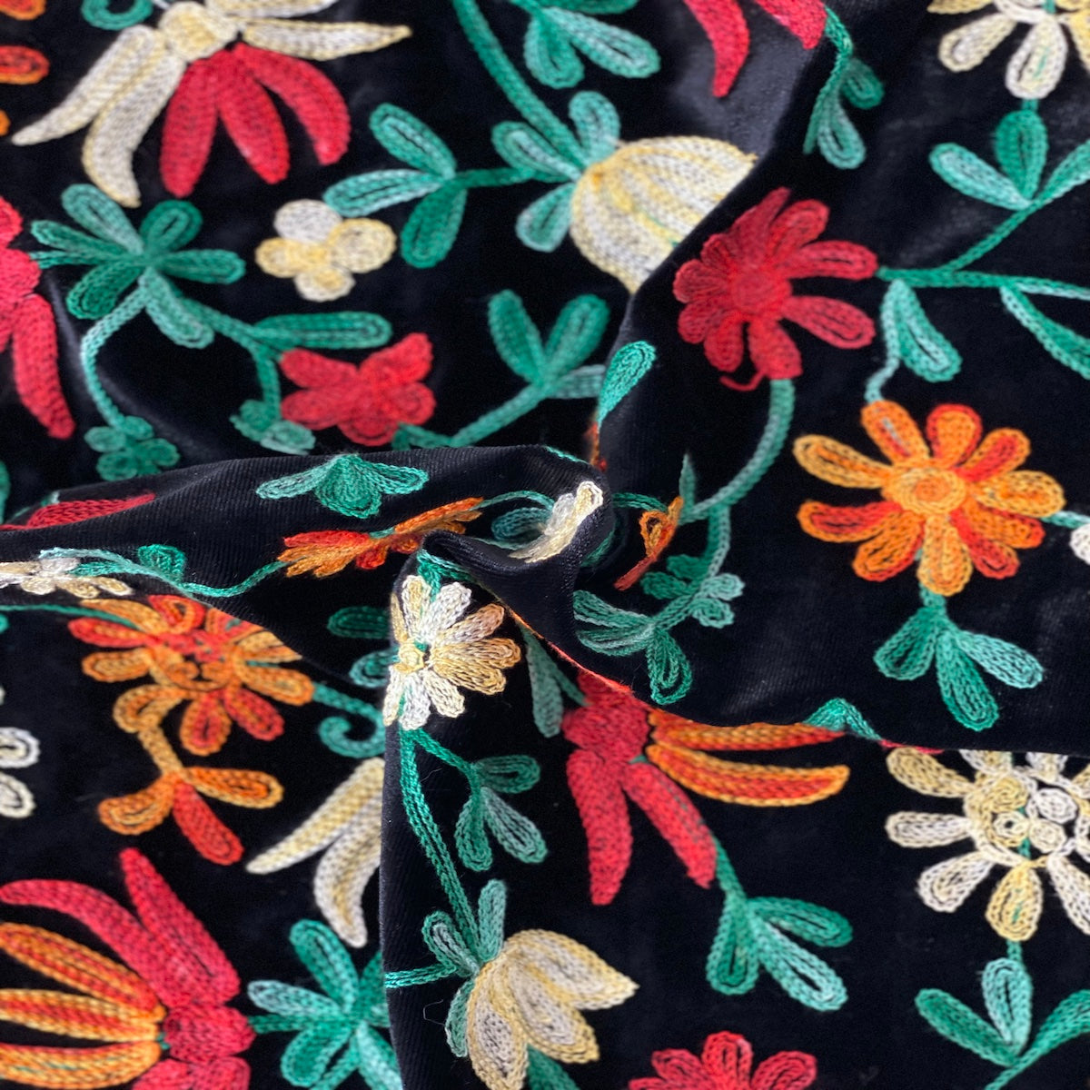 Briony Multicolor Floral Embroidered Stretch Velvet Fabric | Spandex Palace