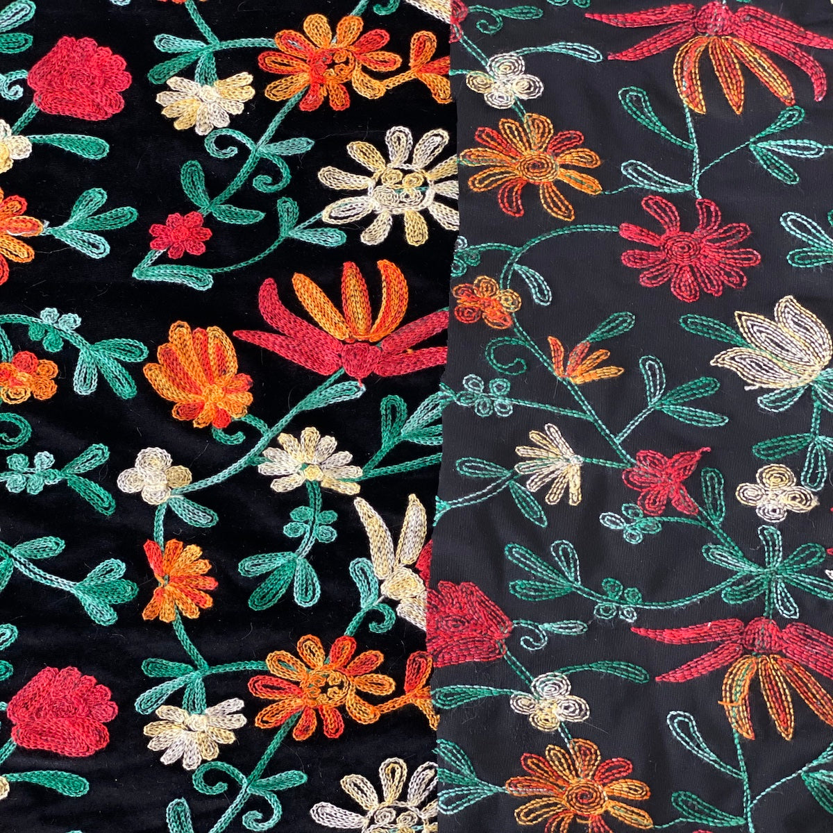 Briony Multicolor Floral Embroidered Stretch Velvet Fabric | Spandex Palace