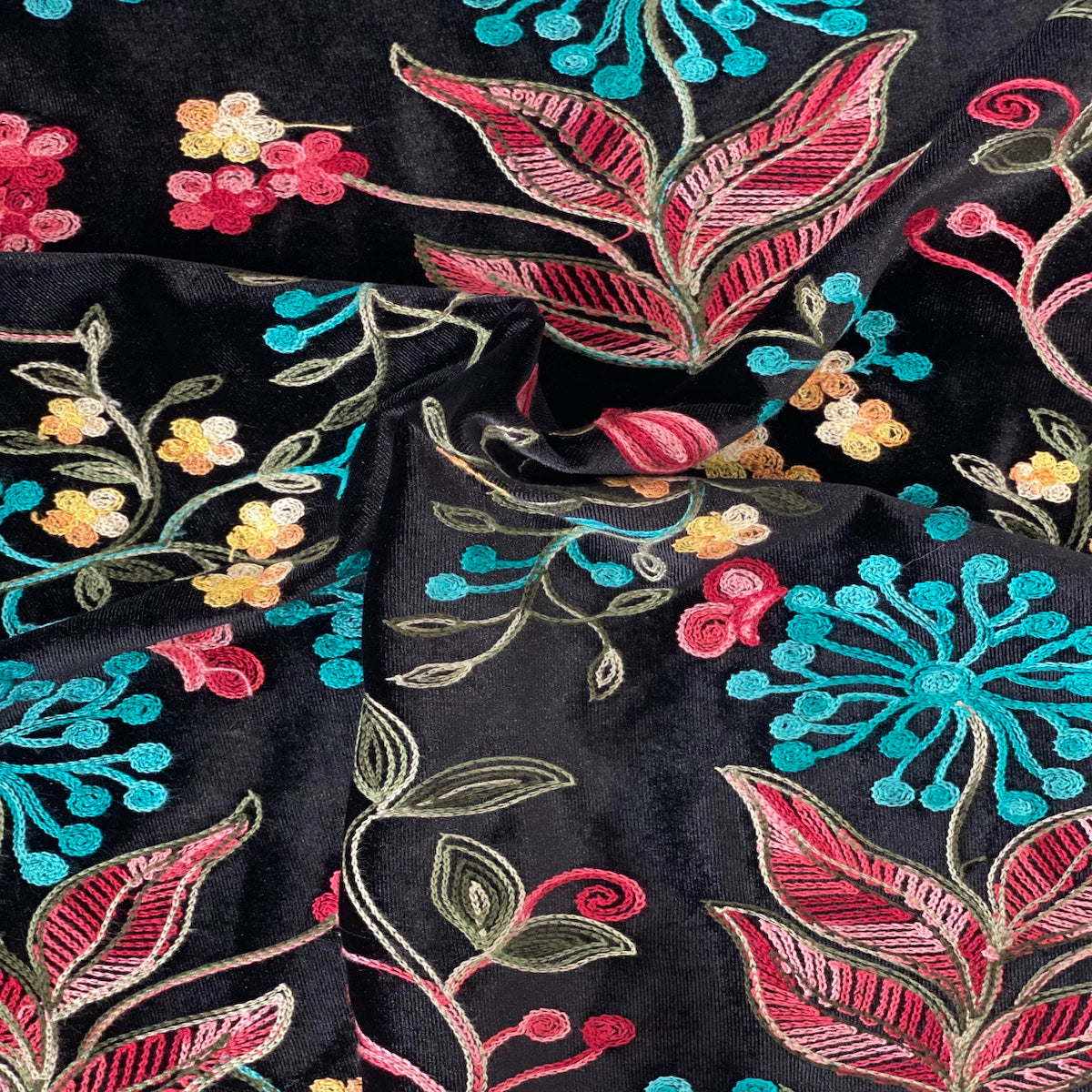 Briony Multicolor Floral Embroidered Stretch Velvet Fabric | Spandex Palace