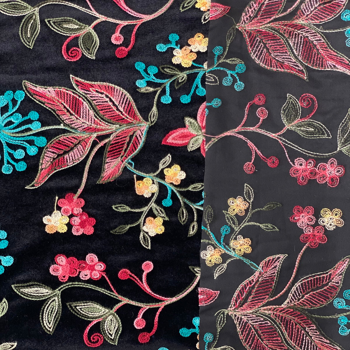 Briony Multicolor Floral Embroidered Stretch Velvet Fabric | Spandex Palace
