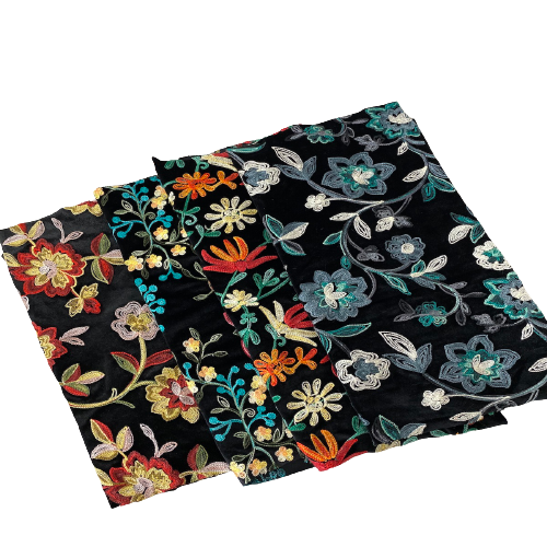 Briony Multicolor Floral Embroidered Stretch Velvet Fabric | Spandex Palace