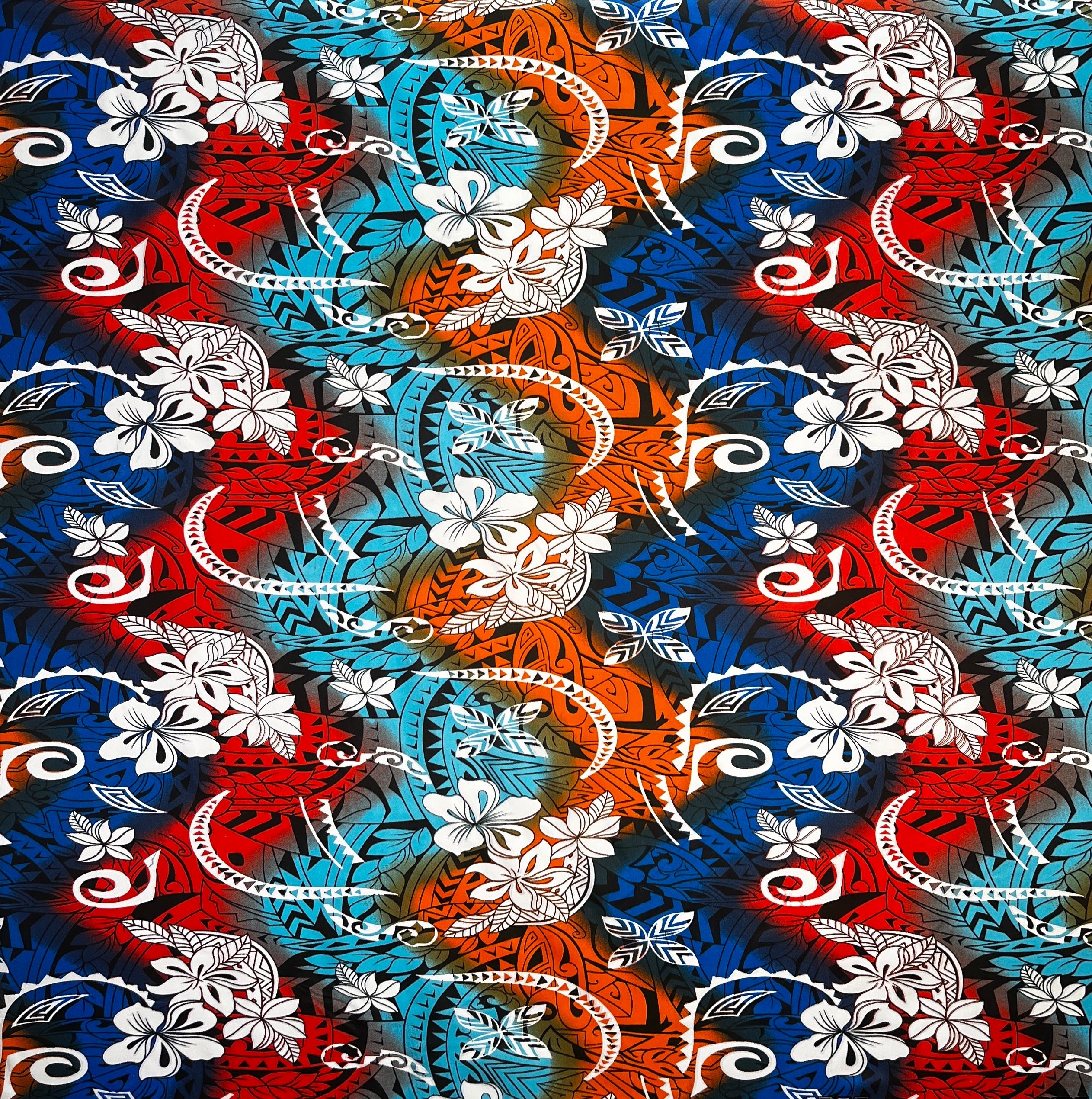 Multicolored Traditional Tattoo & Plumeria design Fabric  | Polyester l Spandex Palace