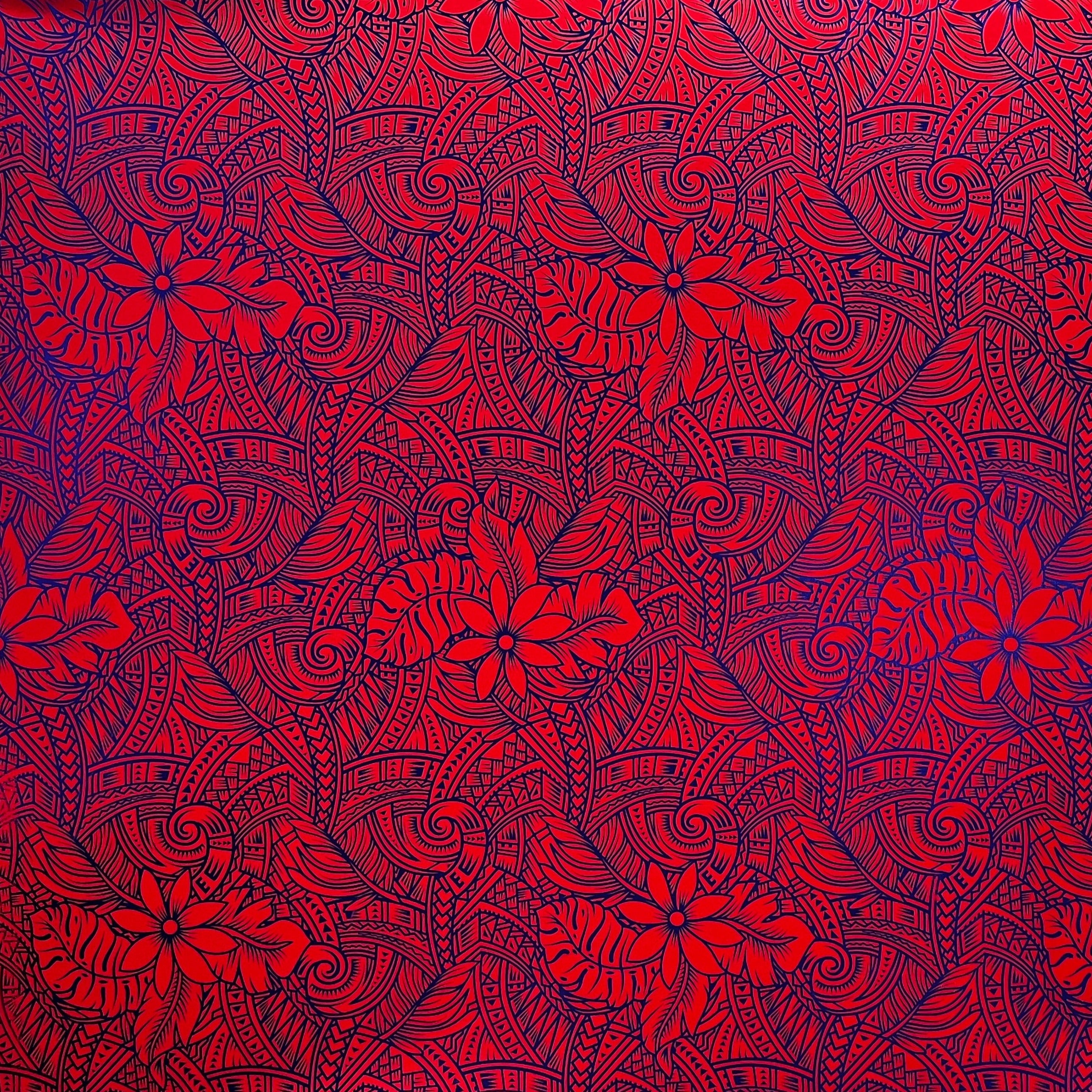 Traditional Polynesia Tattoo Gardenia Taitensis & Tropical Leaves Fabric | Foil  |  Spandex Palace