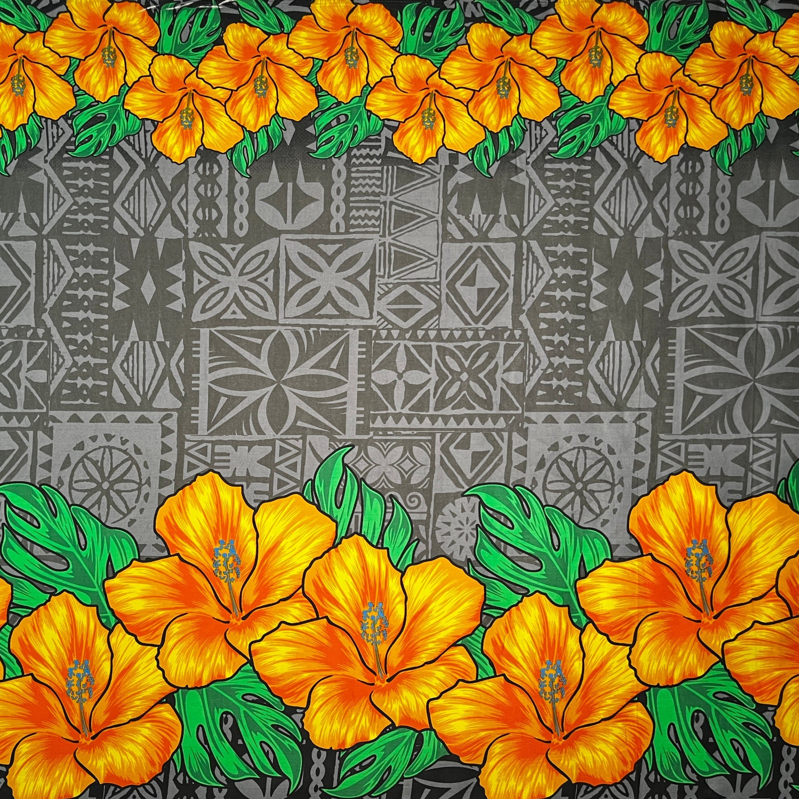 Tapa Hibiscus Flowers Double Border Fabric | Cotton Poplin | Spandex Palace