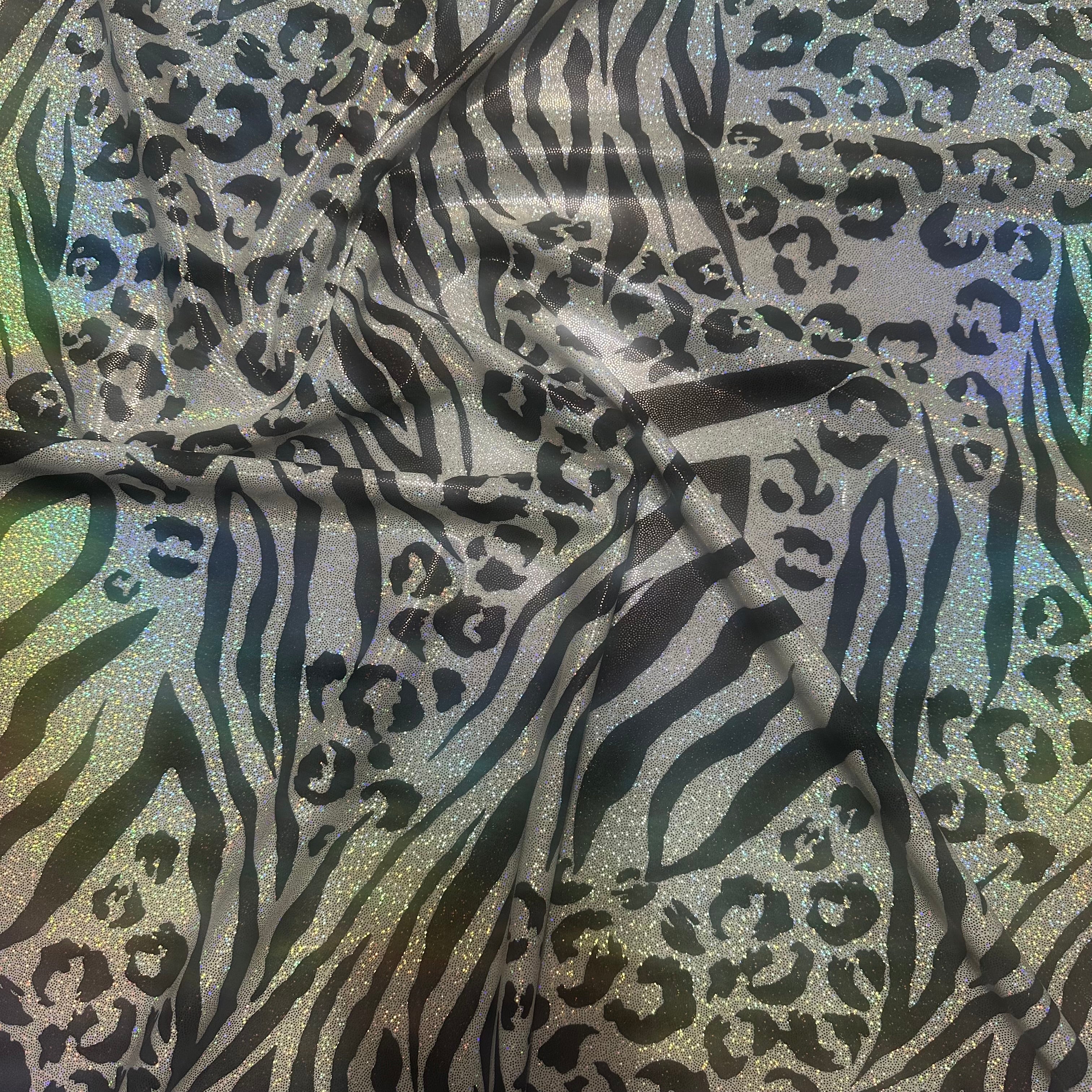 Animal Print Hologram Stretch Tricot Fabric | Spandex Palace. Black White Silver