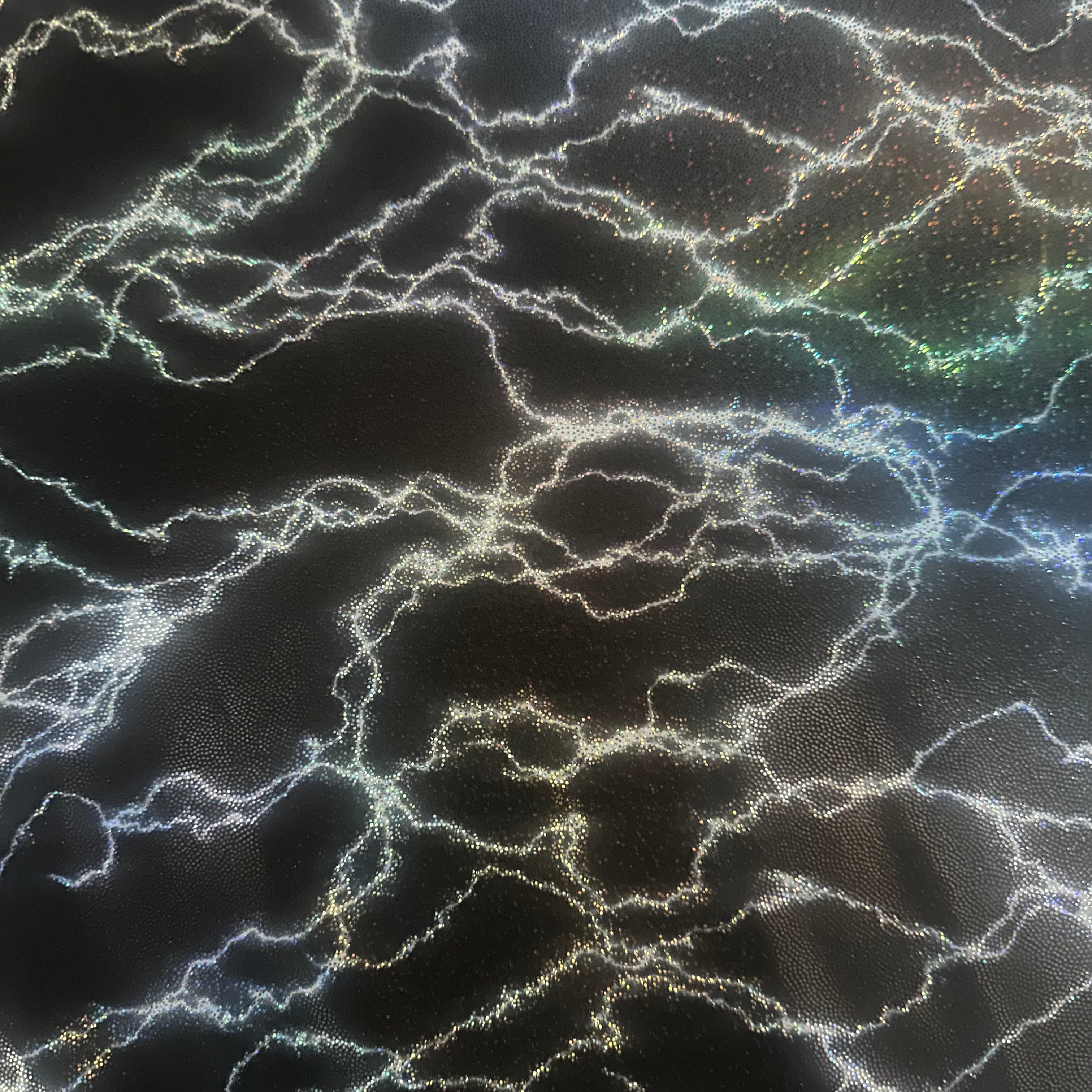 Lightning Design Hologram Polyester Spandex Tricot Fabric | Spandex Palace Black White Silver