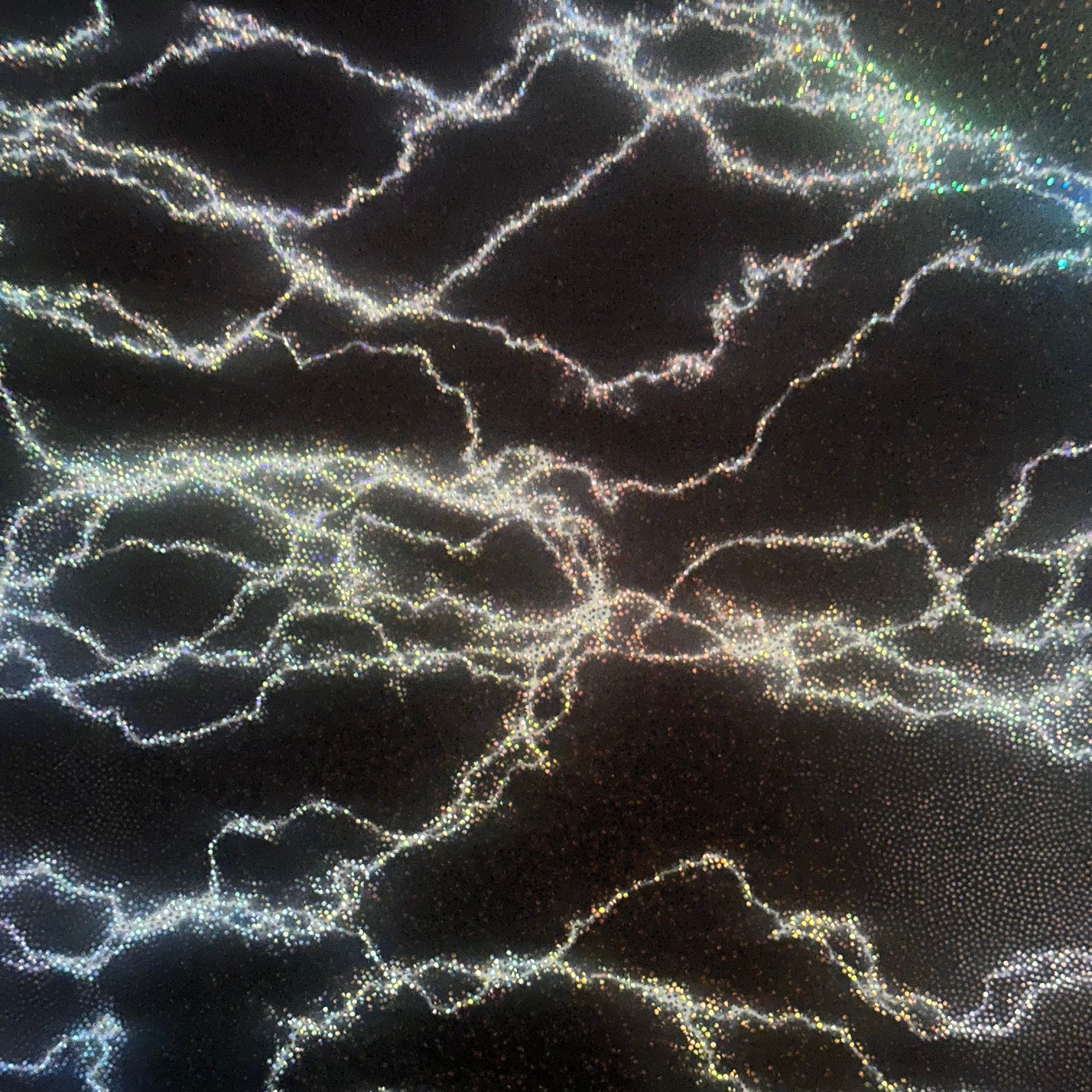 Lightning Design Hologram Polyester Spandex Tricot Fabric | Spandex Palace Black White Silver