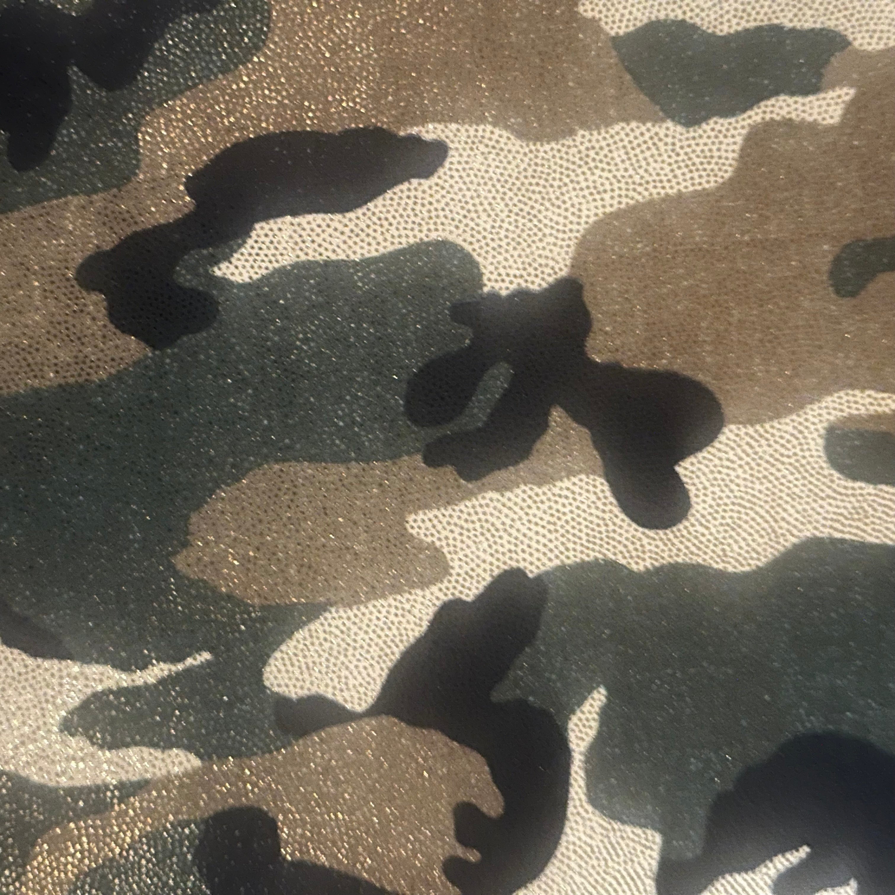 Camouflage Print Gold Foil Poly Spandex Fabric | Spandex Palace Multi Color