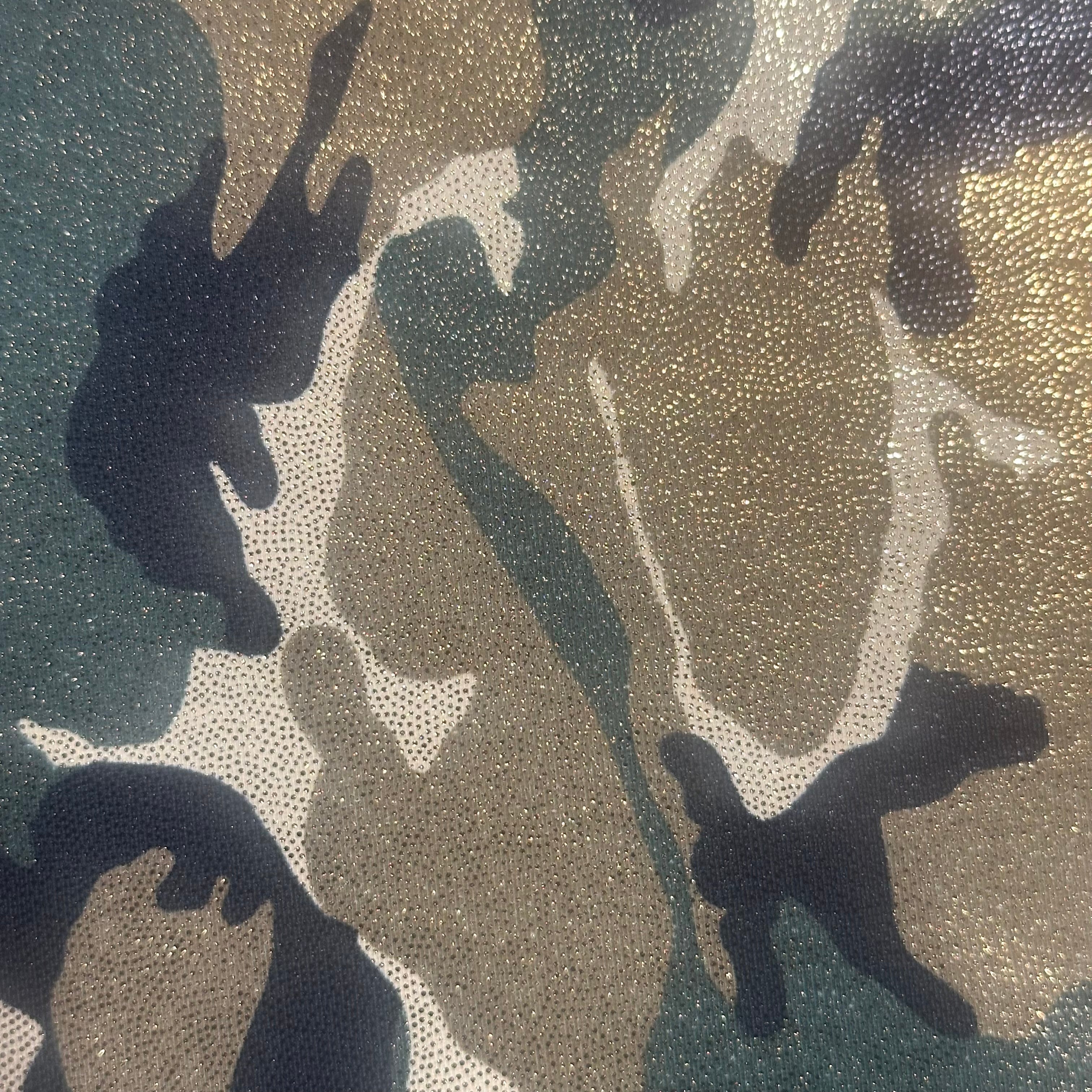 Camouflage Print Gold Foil Poly Spandex Fabric | Spandex Palace Multi Color